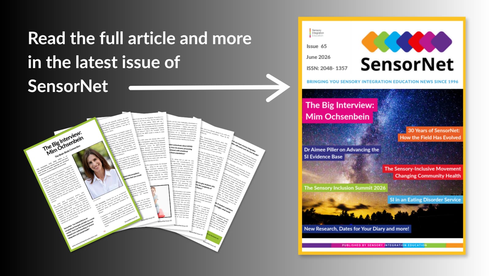 Front cover of SensorNet issue 65, plus a fan of pages of the interview with Mim Ochsenbein