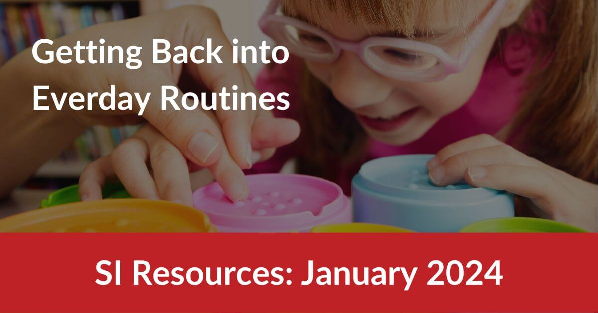 Child playing with toys. Title reads SI Resources January 2024: Getting Back into Everyday Routines