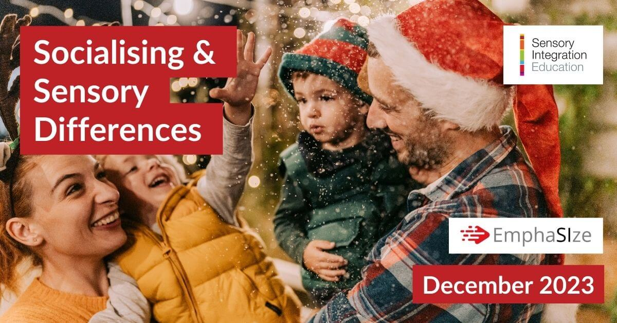 Family outside in snow. Title reads EmphaSize December 2023: Socialising and Sensory Differences