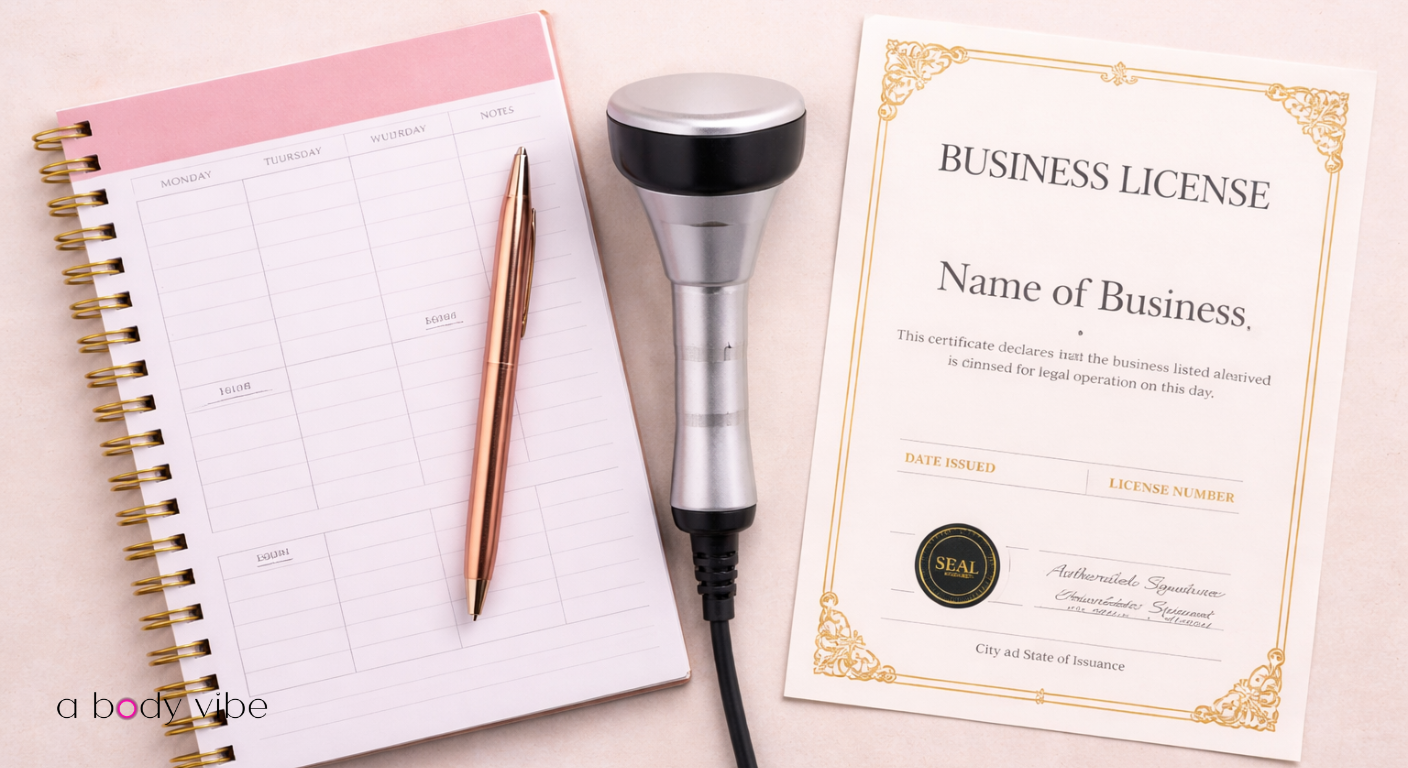 A flat-lay image of a planner, a cavitation wand, and a business license.