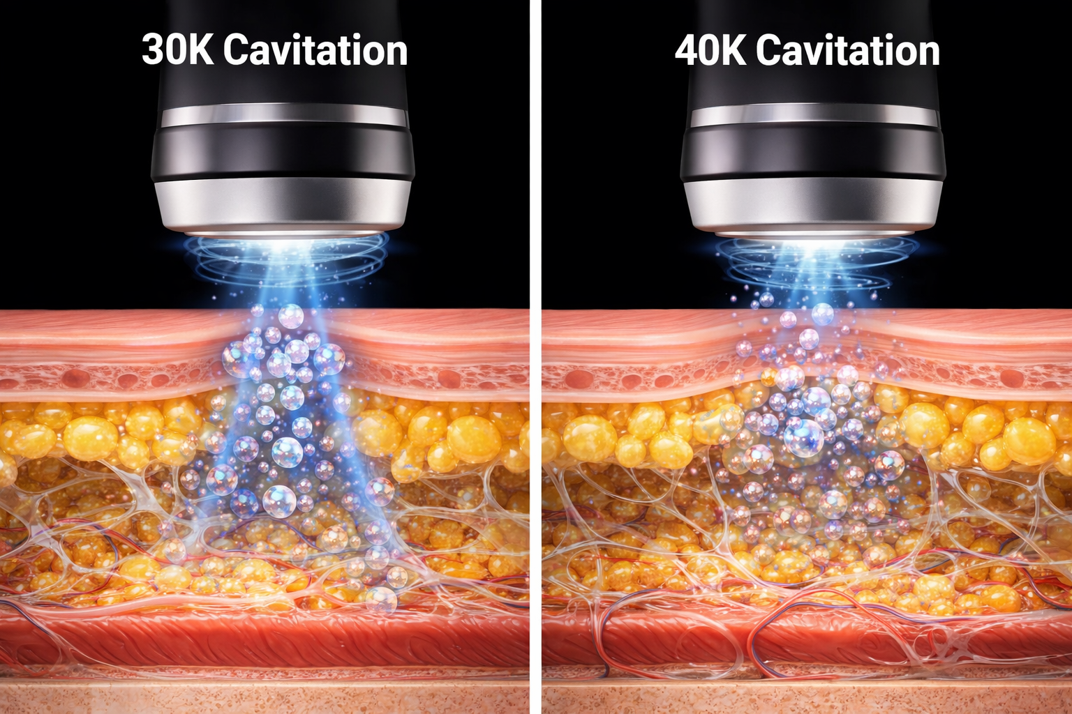 Diagram of a 30khz and a 40khz cavitation treatment and how different frequencies penetrate the tissue at different depths.