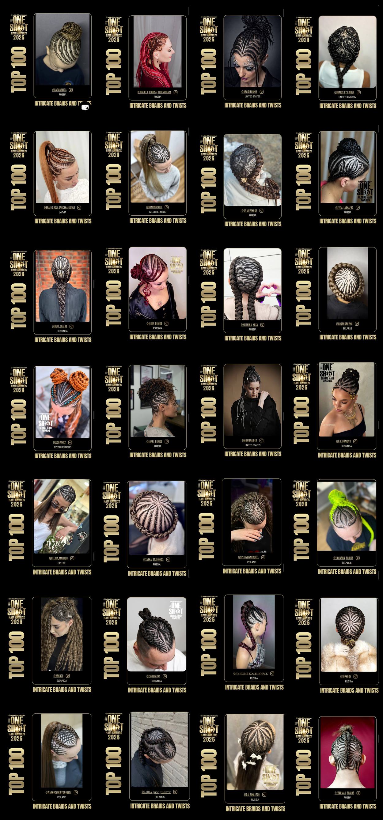 All 28 Top 100 cards of Olga Olikova students at the One Shot Hair Awards 2026