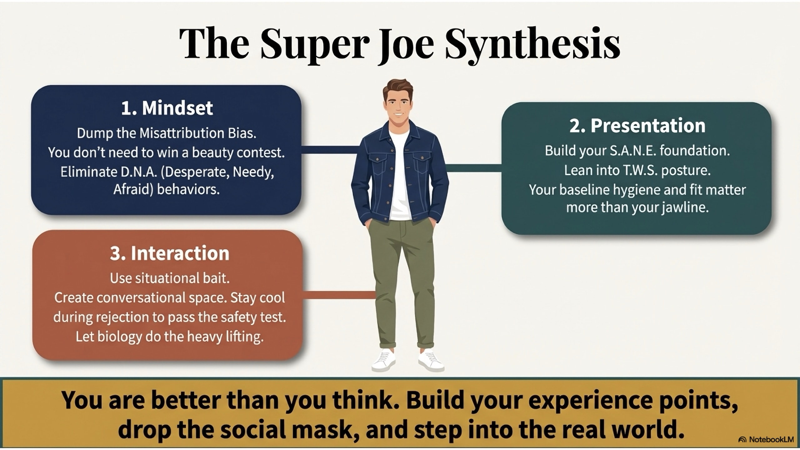 An infographic featuring a central illustration of a man in a denim jacket. Three labeled boxes surround him: 1. Mindset (eliminating D.N.A. behaviors), 2. Presentation (building the S.A.N.E. foundation and T.W.S. posture), and 3. Interaction (using situational bait and passing the safety test).