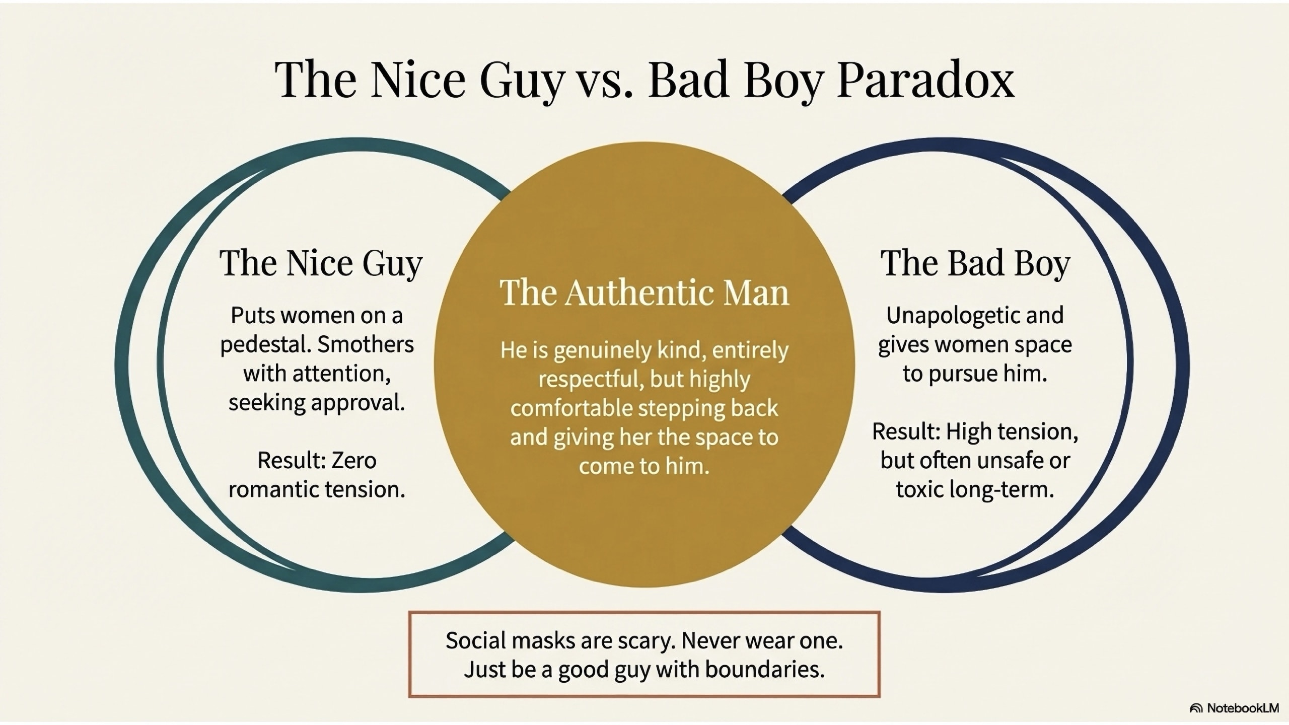 A Venn diagram with two large circles. The left circle represents 'The Nice Guy' (seeking approval, zero tension). The right circle represents 'The Bad Boy' (unapologetic, high tension but toxic). The overlapping center is 'The Authentic Man,' described as respectful but willing to step back.