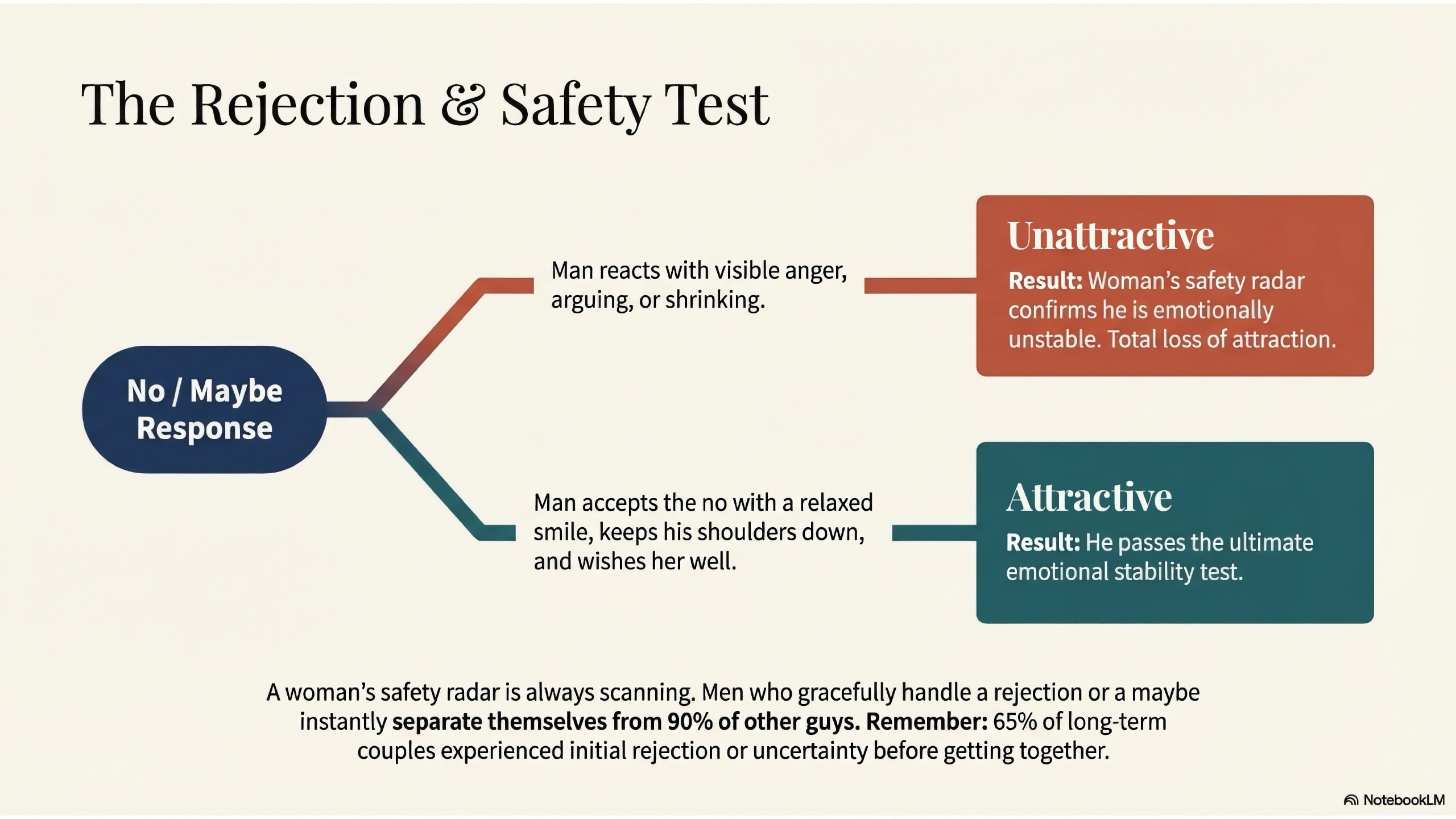 A branching diagram. A 'No / Maybe Response' leads to two paths: a red path where a man reacts with anger (Unattractive/Emotional Instability) and a green path where he accepts it with a relaxed smile (Attractive/The Ultimate Safety Test).