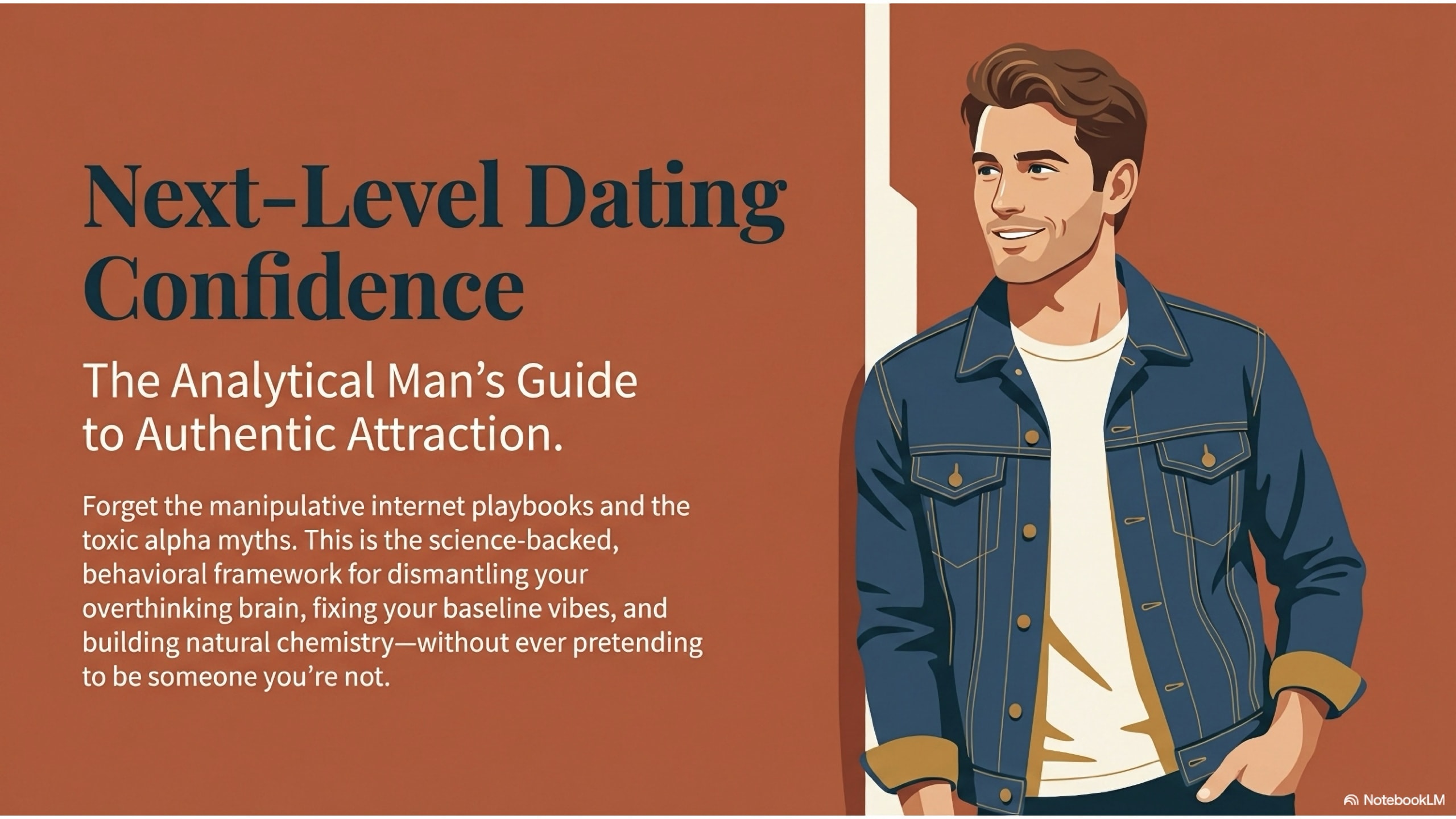 A smiling confident, man looks to the side where the title reads, Next-Level Dating Confidence.