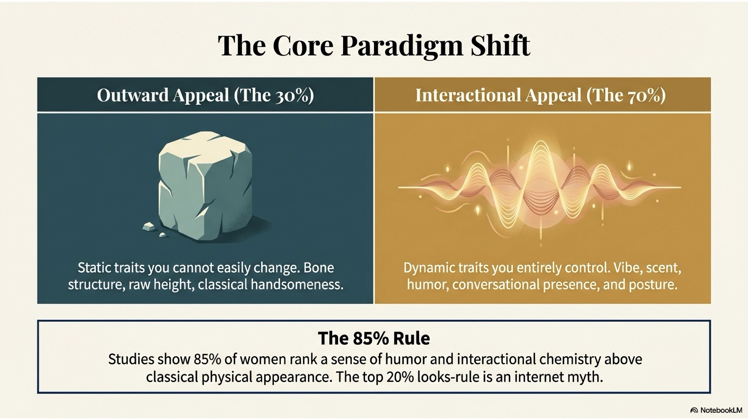 A two panel image shows a chunk of stone on the left when discussing traits you cannot change. The image on the right shows energy waves which represent what you are able to change.