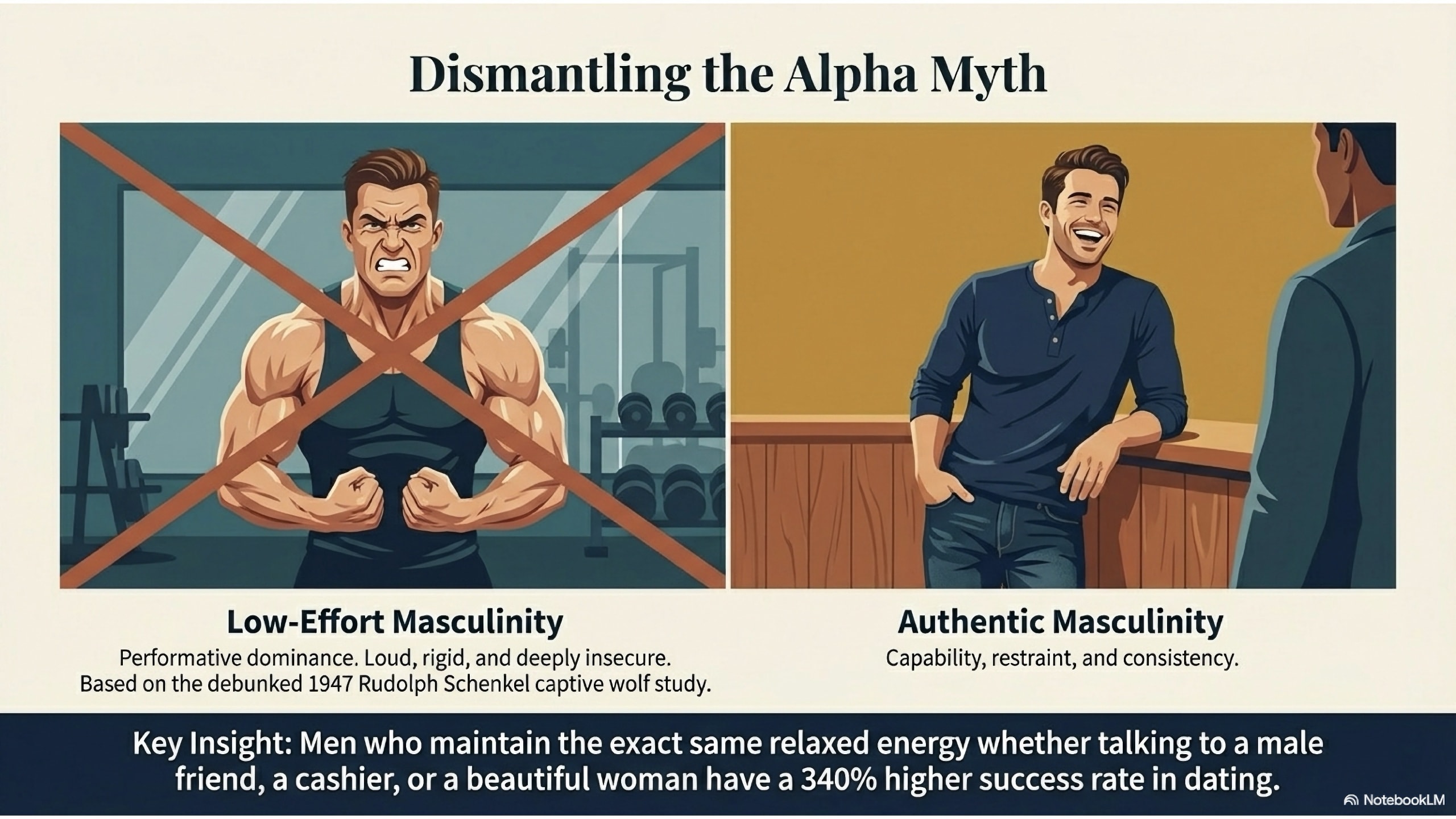 A side-by-side illustration: On the left, an aggressive bodybuilder representing 'Low-Effort Masculinity' is crossed out. On the right, a relaxed man leaning against a bar represents 'Authentic Masculinity' through capability and restraint.