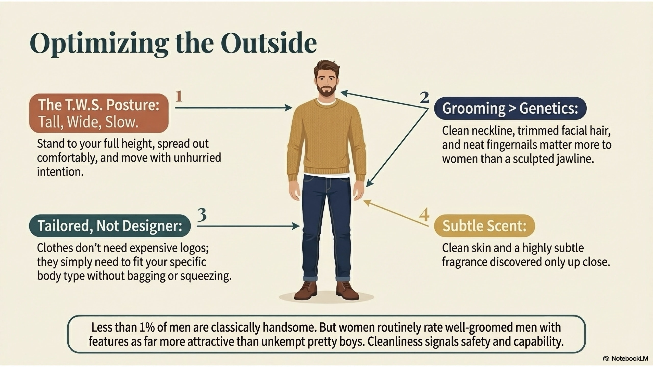 A diagram of a man in a sweater and jeans with four numbered callouts: 1. T.W.S. Posture, 2. Grooming > Genetics, 3. Tailored Not Designer, and 4. Subtle Scent.