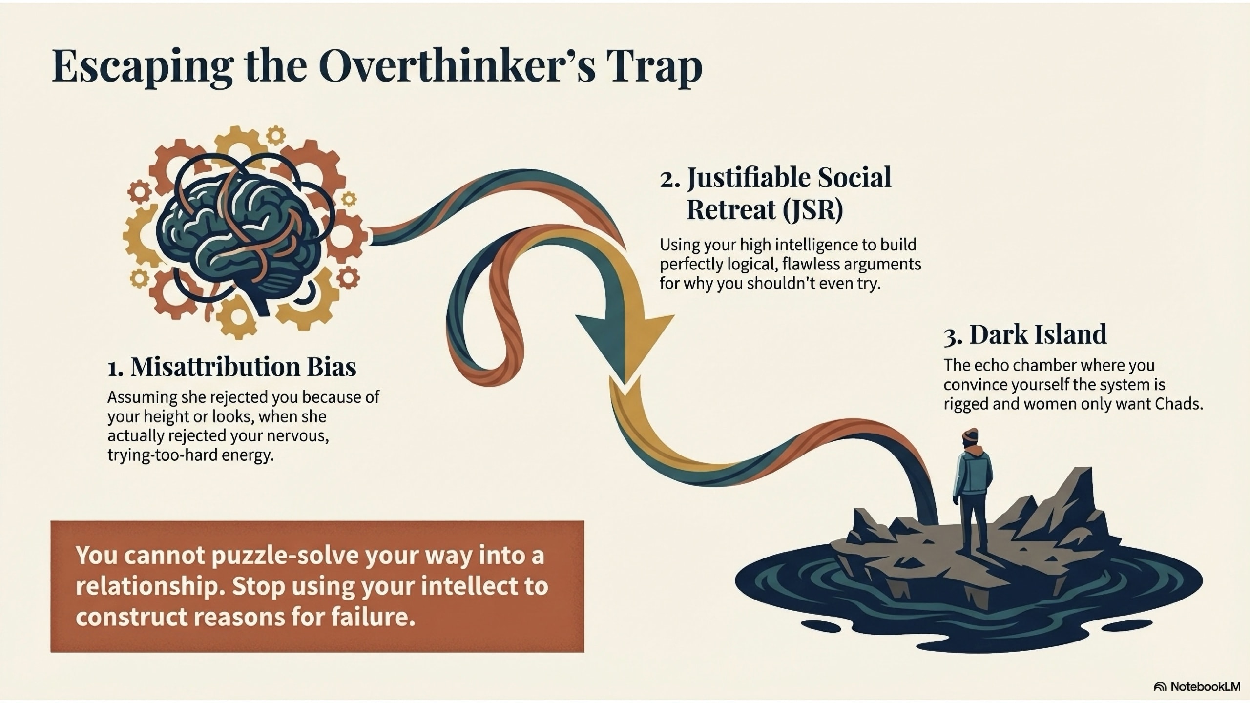 Illustration of a confused brain and winding colors leading to a darkly colored island.