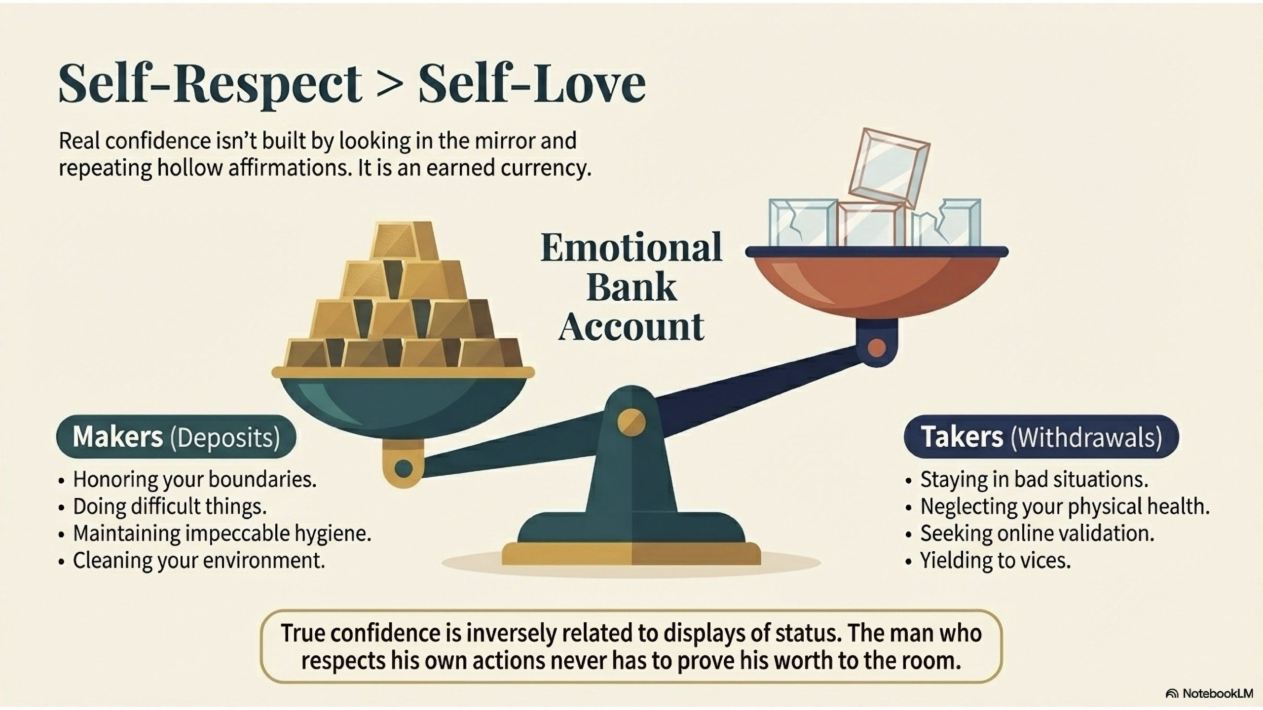An illustration of a balance scale. The left side (Makers/Deposits) is weighted down by gold bars. The right side (Takers/Withdrawals) contains translucent blue cubes. Bullet points list specific behaviors for each category.