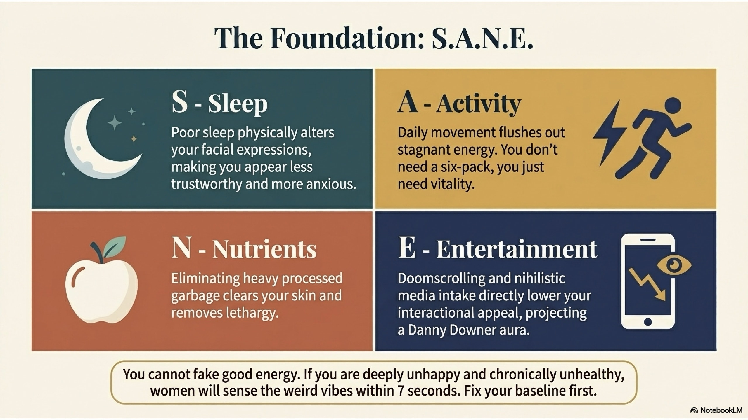 A four-quadrant grid titled 'The Foundation: S.A.N.E.' with icons for a moon (Sleep), a runner (Activity), an apple (Nutrients), and a smartphone (Entertainment).