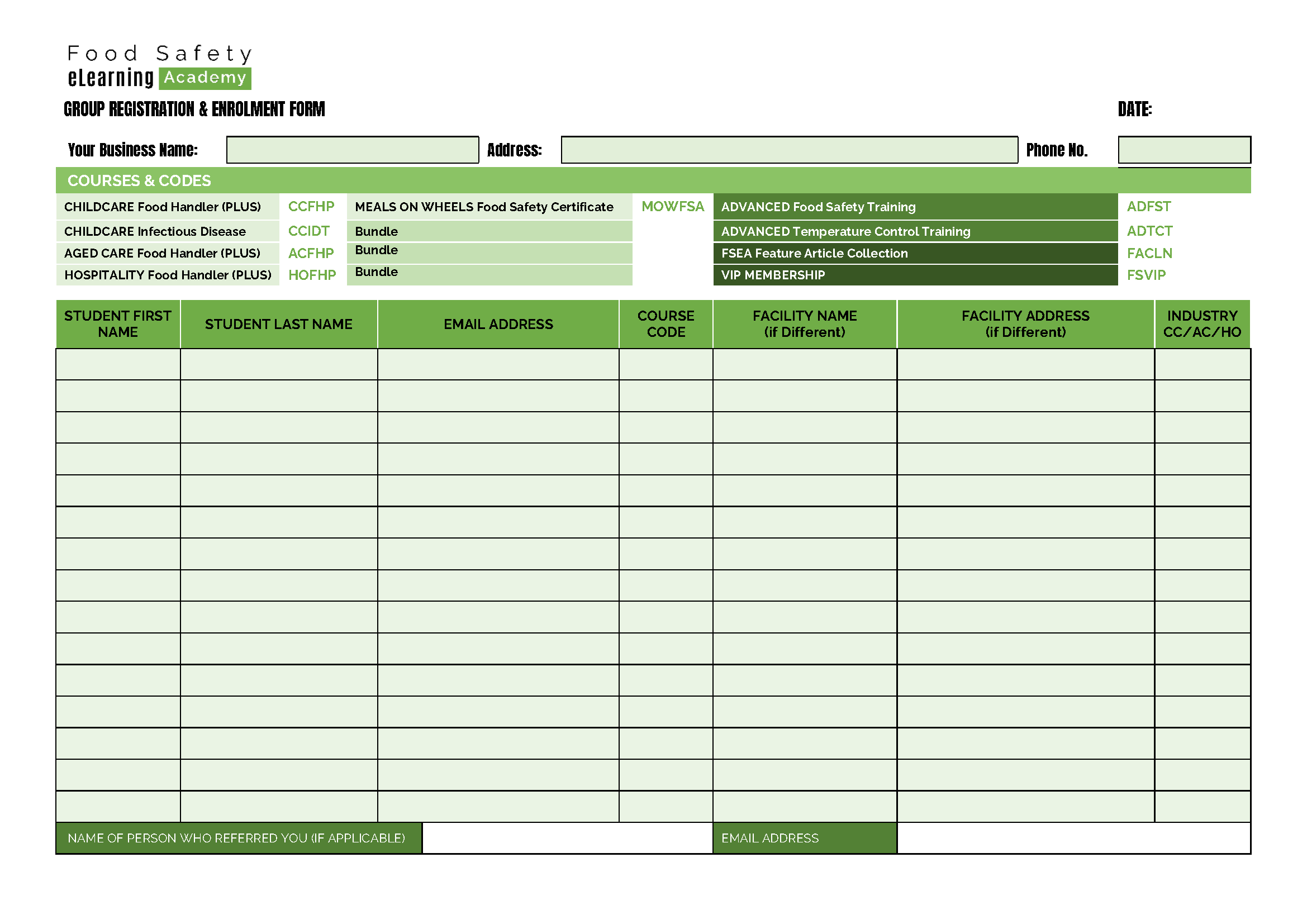 group registratioin form