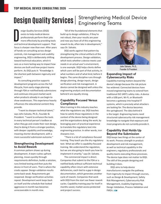 MedTech Business Review article page: Design Quality Services, Strengthening Medical Device Engineering Teams