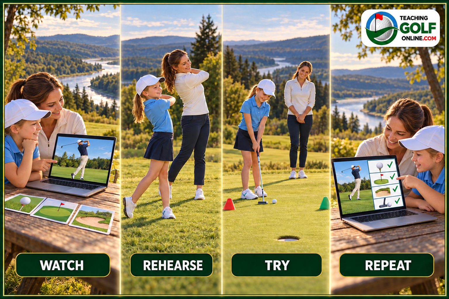 Mother and daughter watch, rehearse, try and repeat with visual golf lessons, vocabulary and safe practice