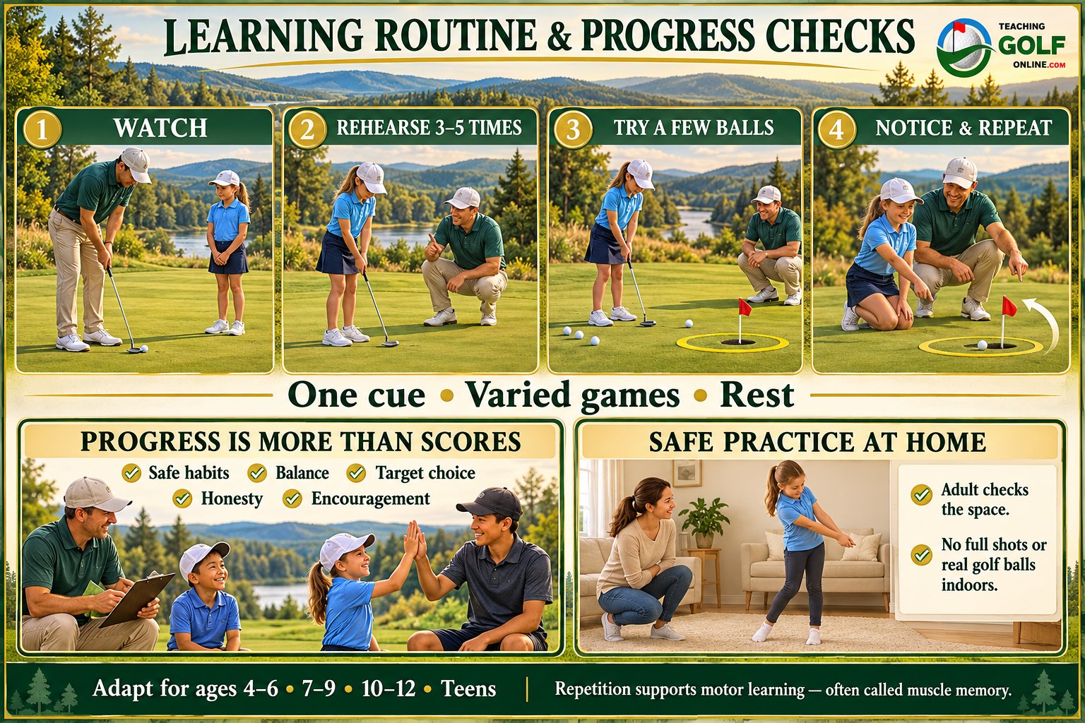 Watch, rehearse 3–5 times, try a few balls, notice and repeat; progress checks and safe practice at home