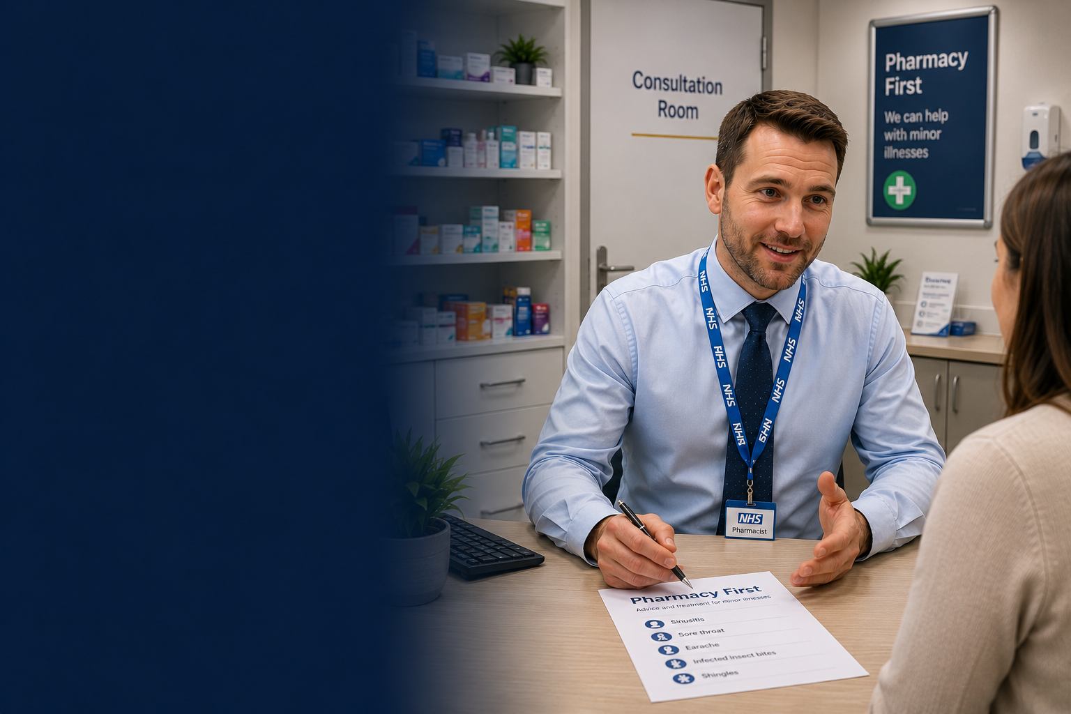 Community pharmacist conducting a Pharmacy First consultation