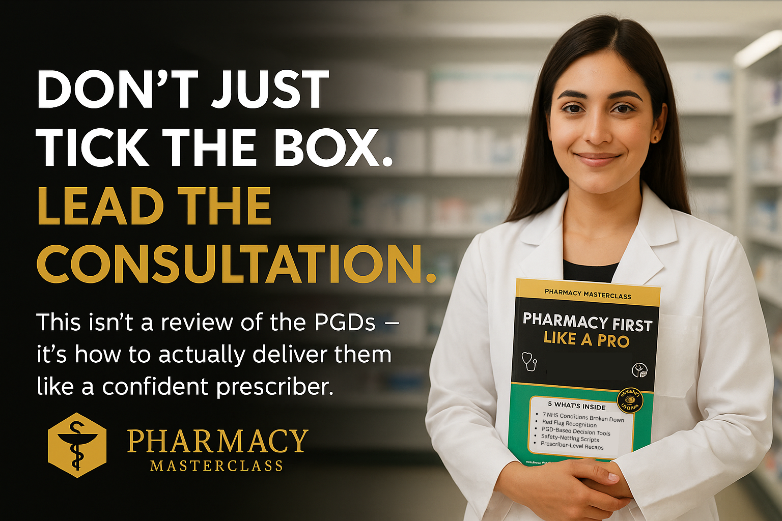 Pharmacist holding Pharmacy First book