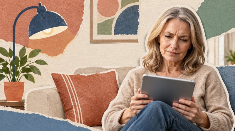 Anja schaut auf ihr Tablet.