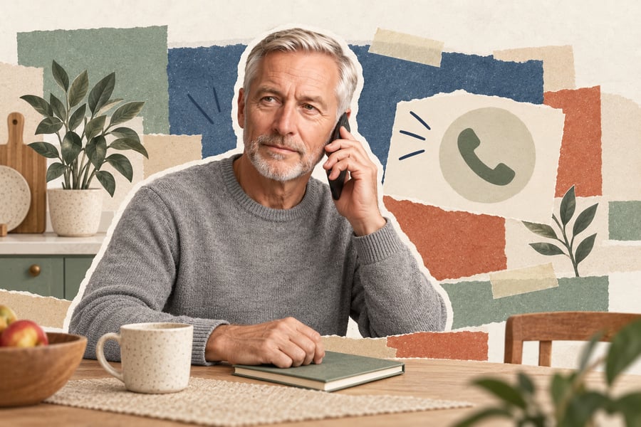 Martin Berger hört einem Anruf zu; eine Telefonkarte aus Papier ergänzt die Collage.