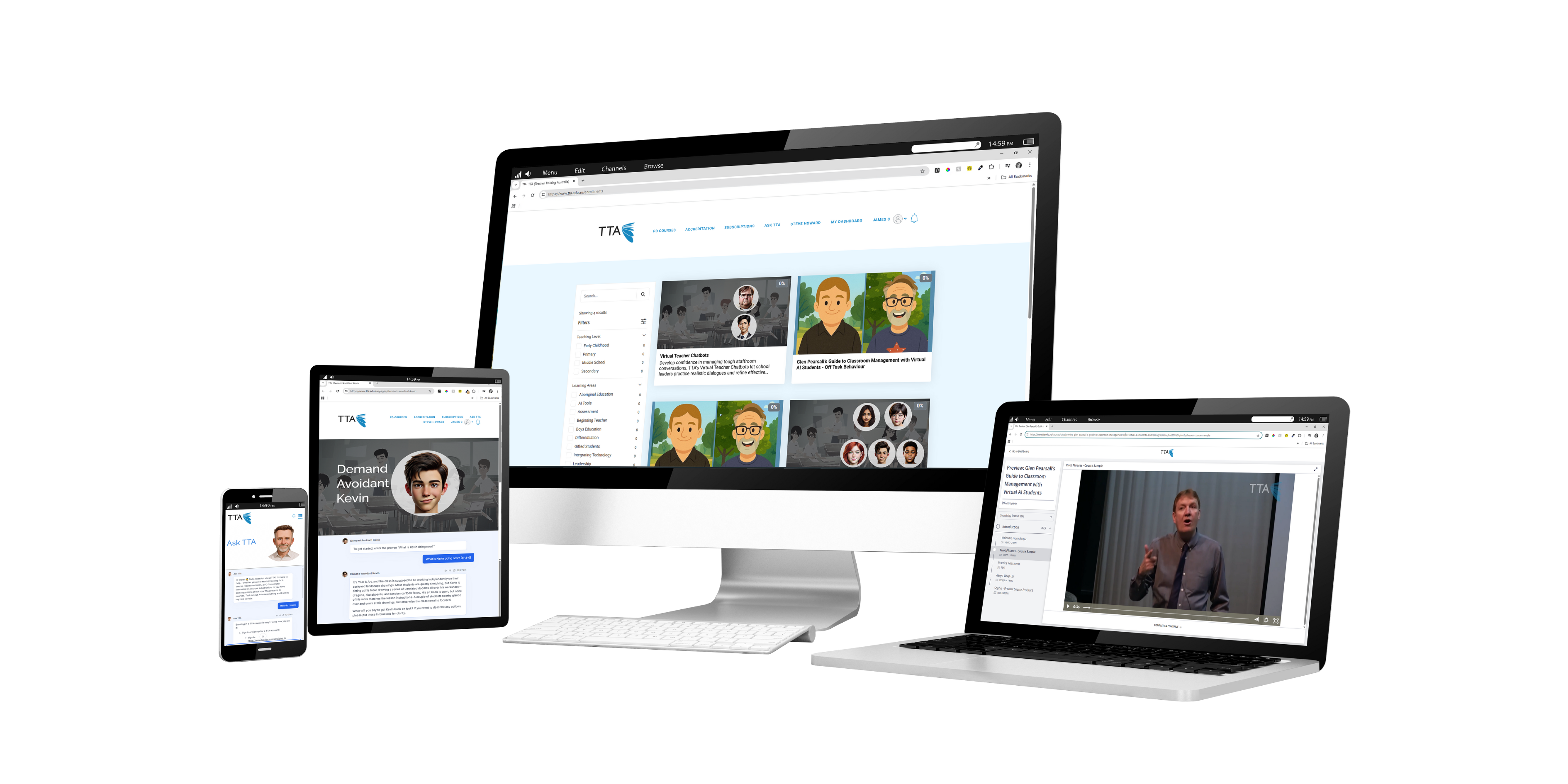 Course shown across multiple devices: desktop, tablet, and mobile