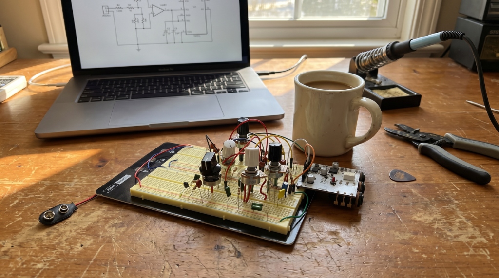 A realistic Saturday morning DIY pedal building setup with coffee, laptop, and breadboard