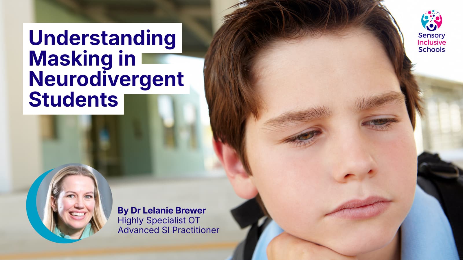 A school boy sits on a step with his chin on his hands. He looks wistful.