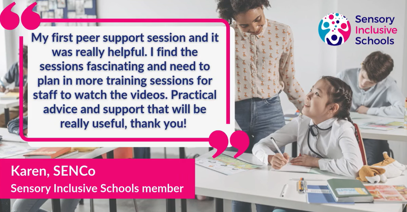 A teacher smiles at a child. A quote from a SENCO reads "My first peer support session and it was really helpful. I find the sessions fascinating and need to plan in more training sessions for staff to watch the videos. Practical advice and support that will be really useful, thank you!