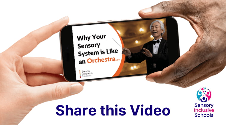 one hand passing a smart phone to another. The phone screen shows a video called Why your sensory system is like an orchestra