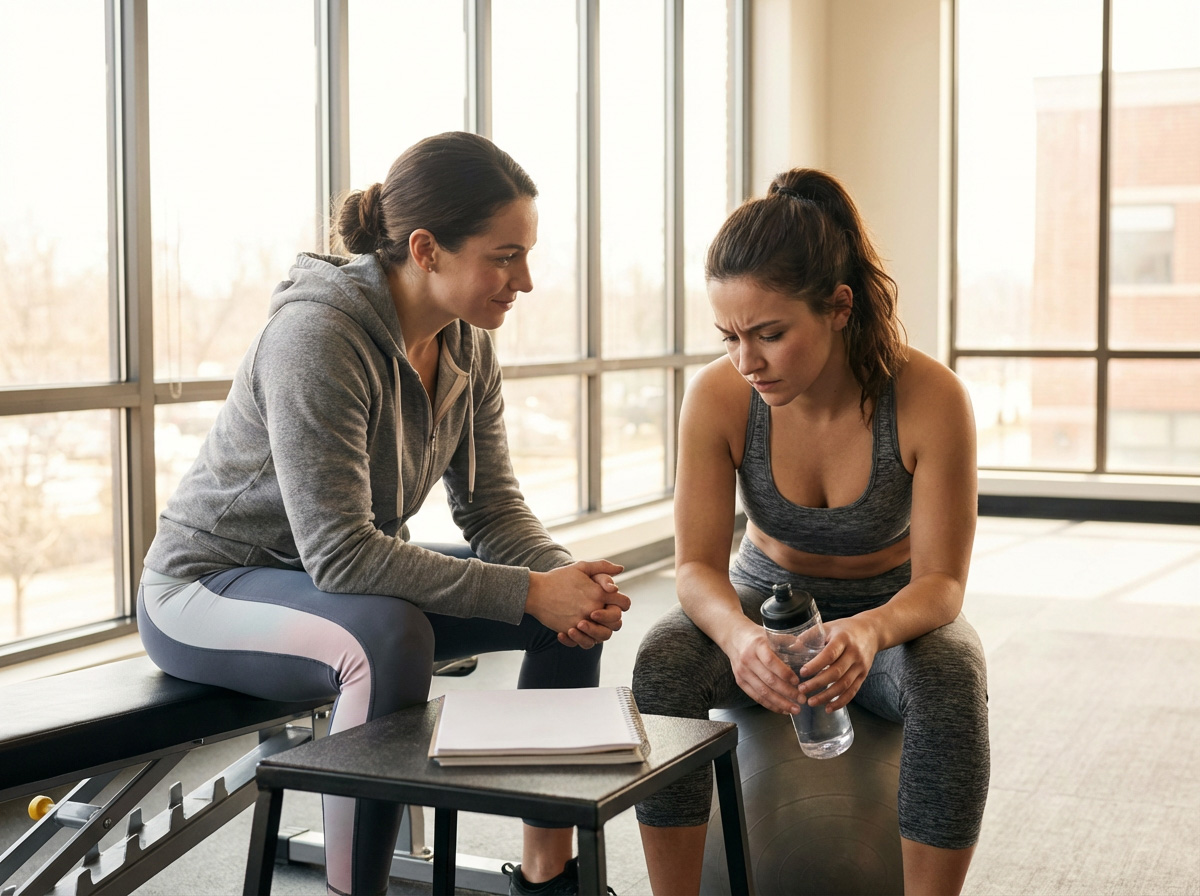 2 women in gym clothes sit chatting on a bench and fitball