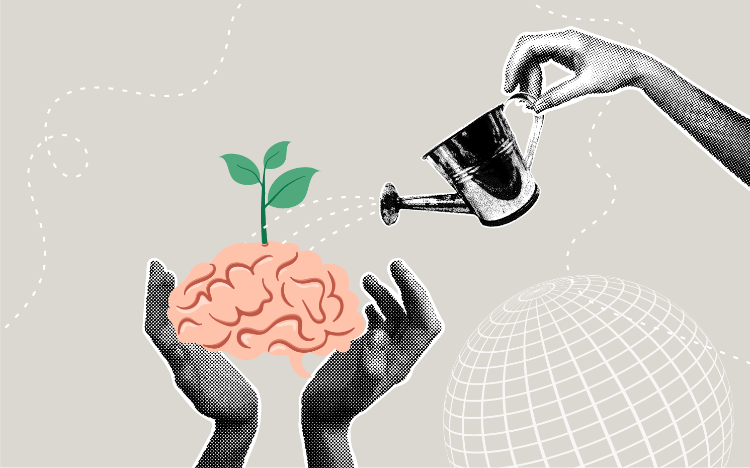 one pair of hands cup a brain that has a small green shoot coming out of it which is being watered from a small watering can.