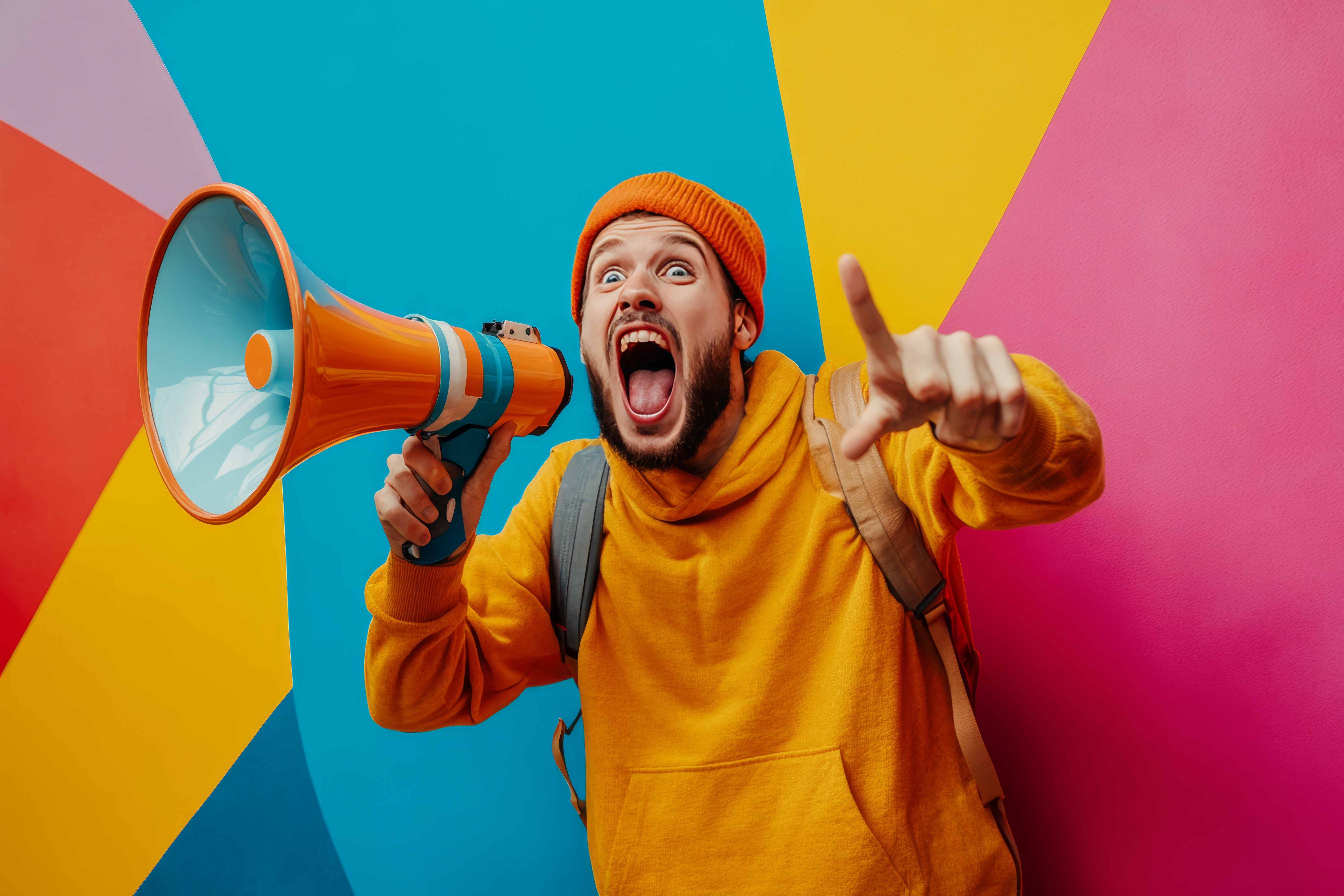 a man in an orange hoody shouts into an orange megaphone in front of a wall painted with bright colours