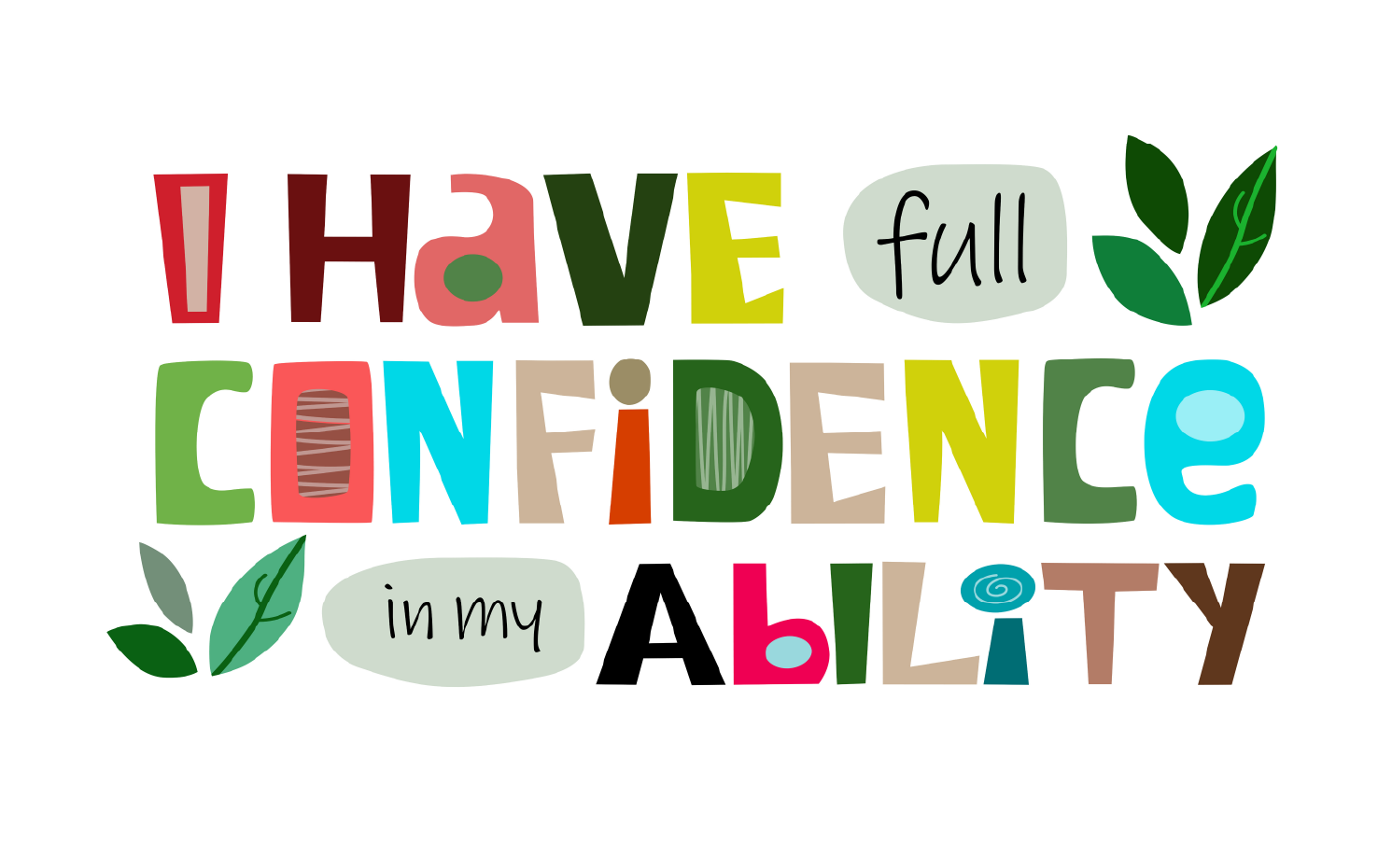 The words I have full confidence in my ability are in a mix of fonts and colours and decorated by leaves