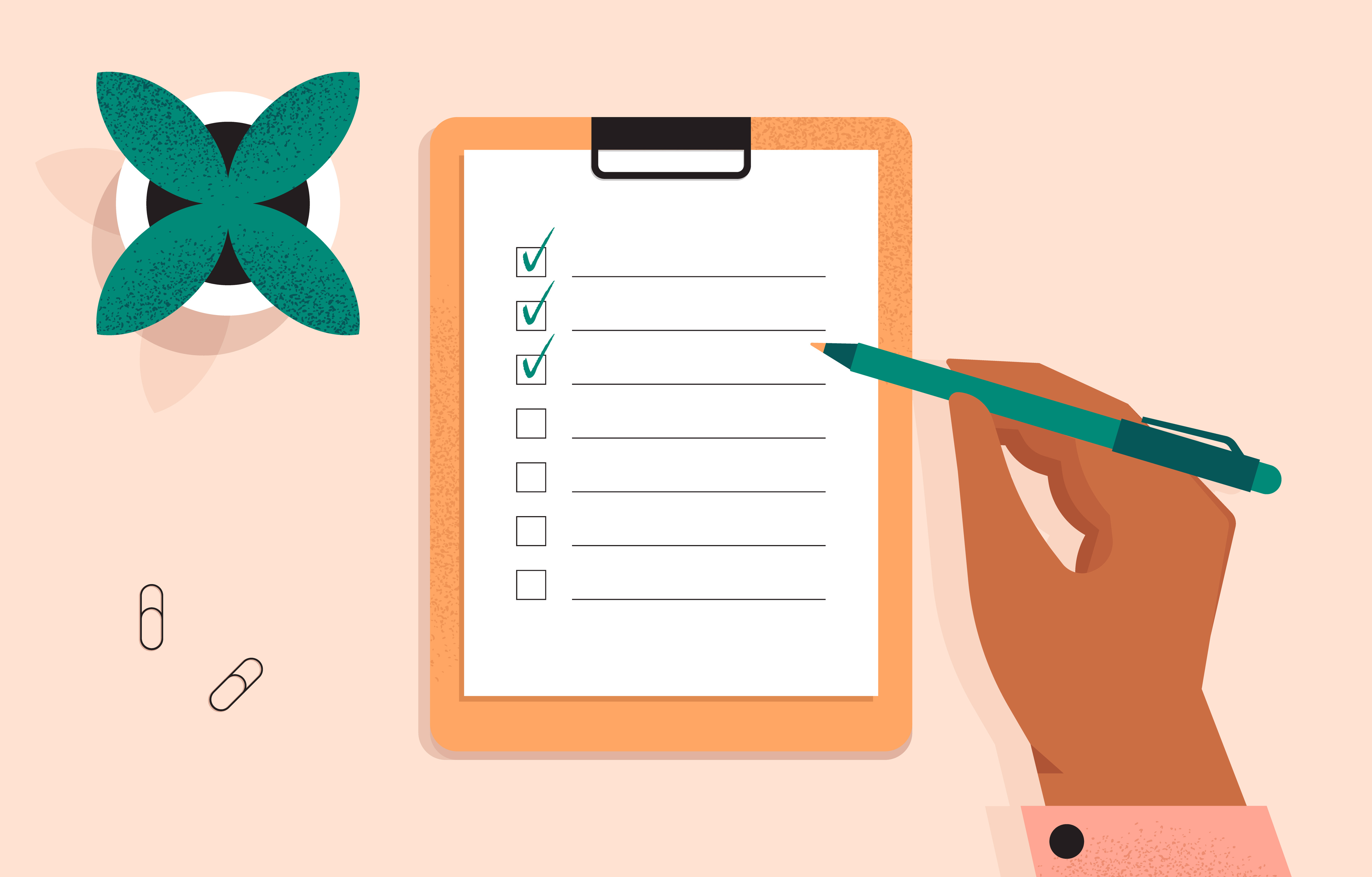 a simplistic, almost cartoonish, top down view of a plant, a clipboard with 7 lines next to tickboxes on it.  the top 3 boxes are ticked and a hand holding a green pen hovers over the list.  The style is 