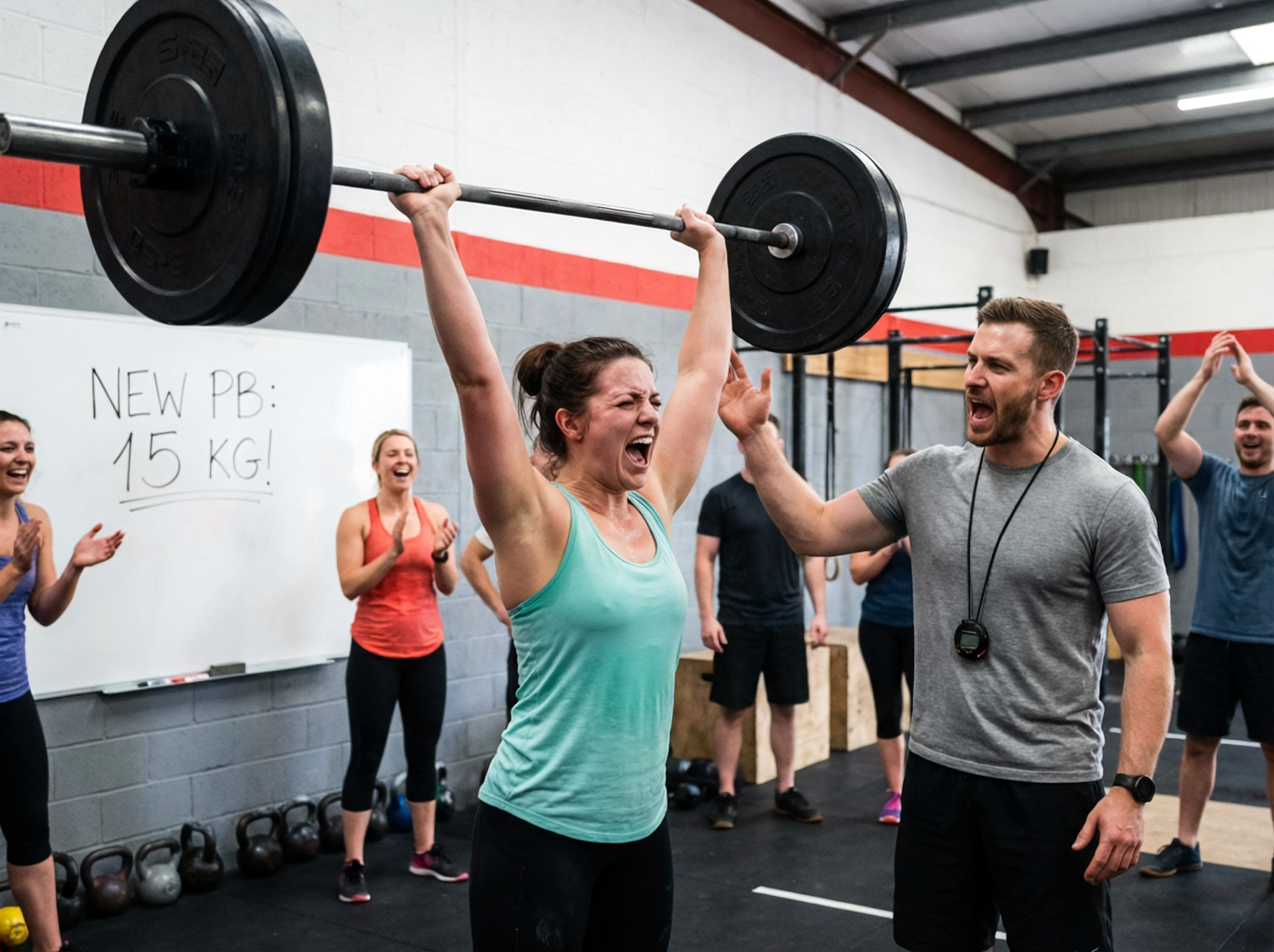 a happy woman is holding a barbell overhead while a trainer celebrates next to her.  In the background a whiteboard has New PB 15kg written on it and a group of other gym goers are celebrating her achievement