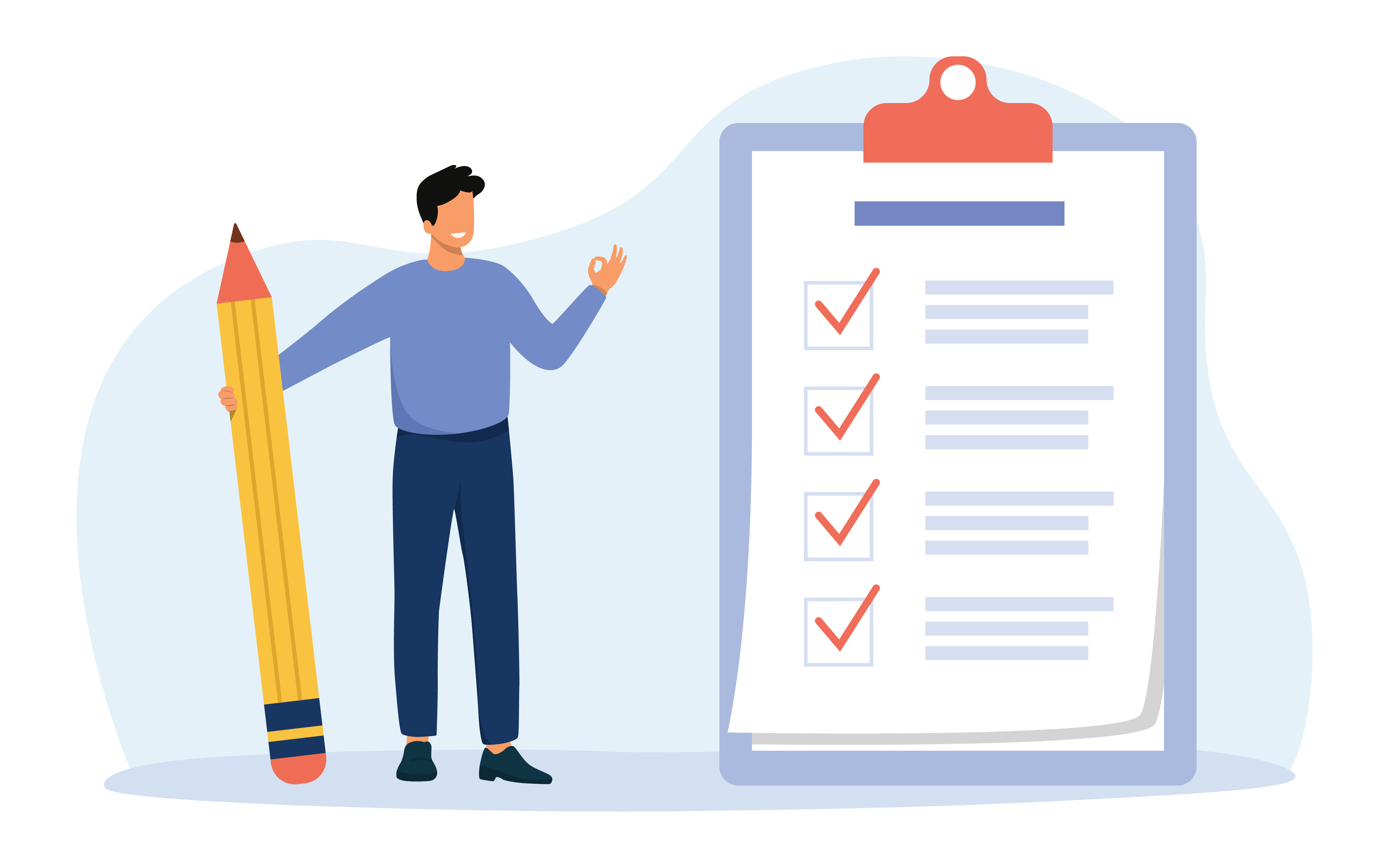 An illustration of a businessman holding a pencil the same side as he is next to a big complete checklist with tick marks.