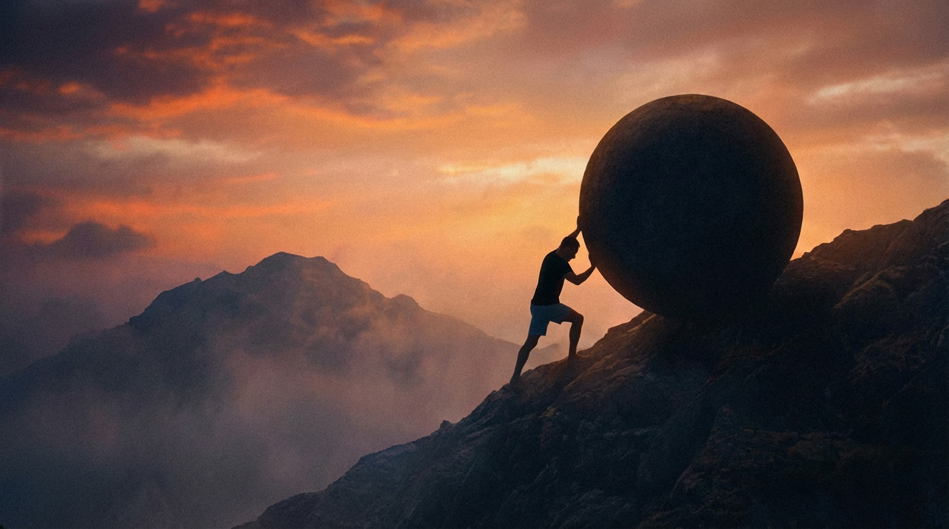 a person pushing a giant boulder or ball up a hill is silhouetted against a cloudy sunset surrounded by mountains