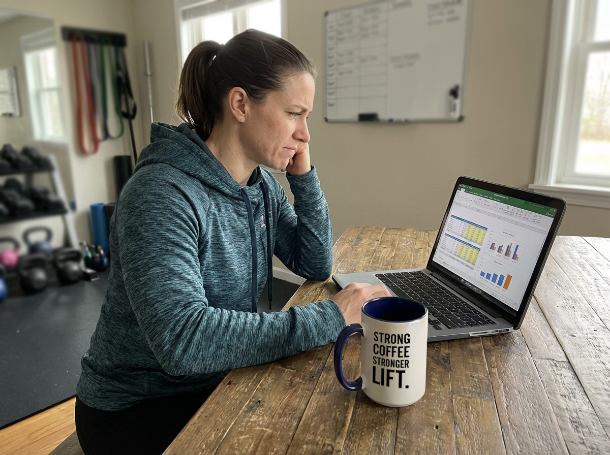 a woman sits at a table with gym gear behind her.  In front of her is a laptop showing graphs and a coffee mug which says strong coffee stronger lift on it