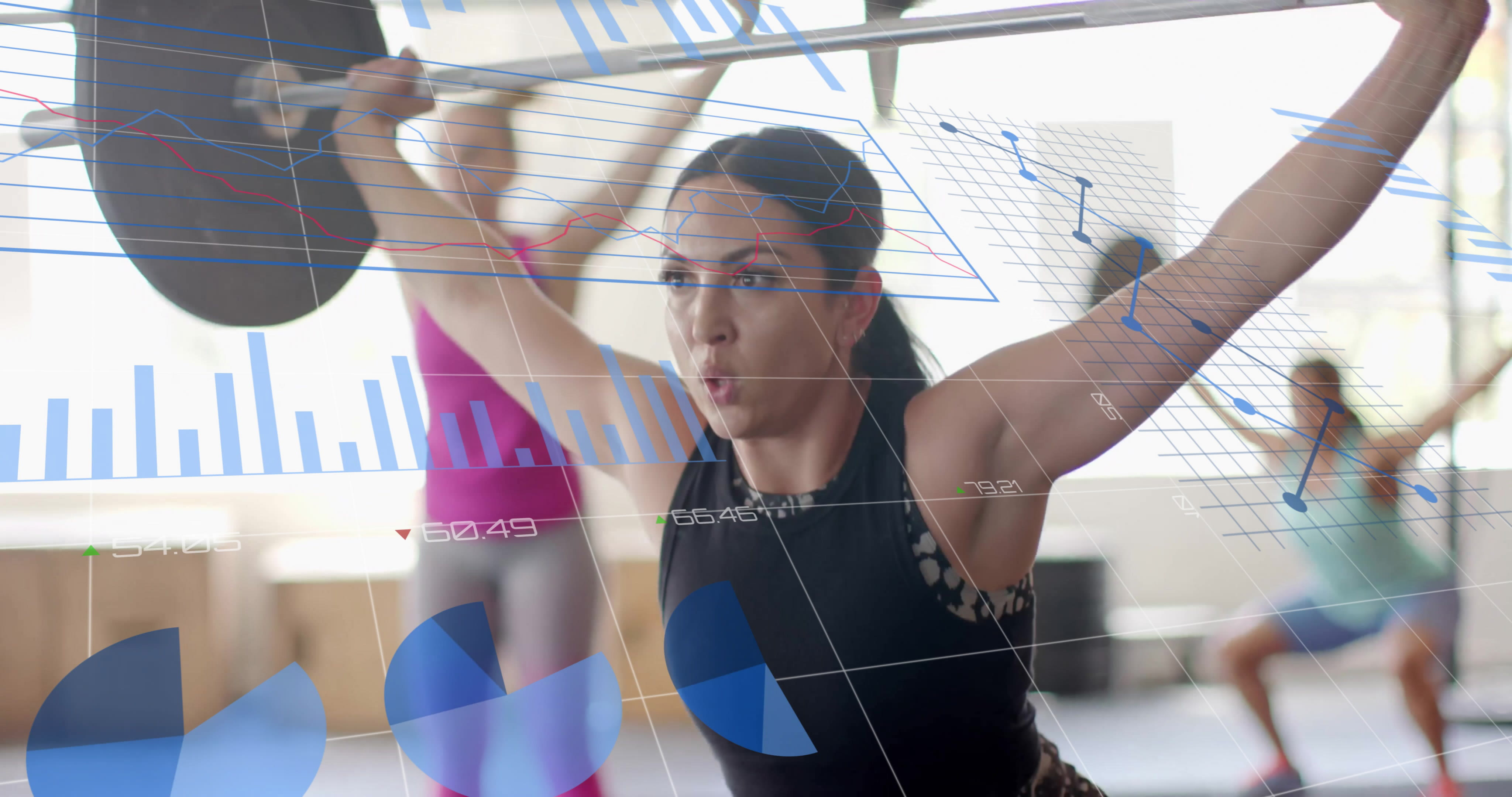 an overlay of graphs and data points is over an image of a group gym session with a close up of the woman in front doing an overhead press