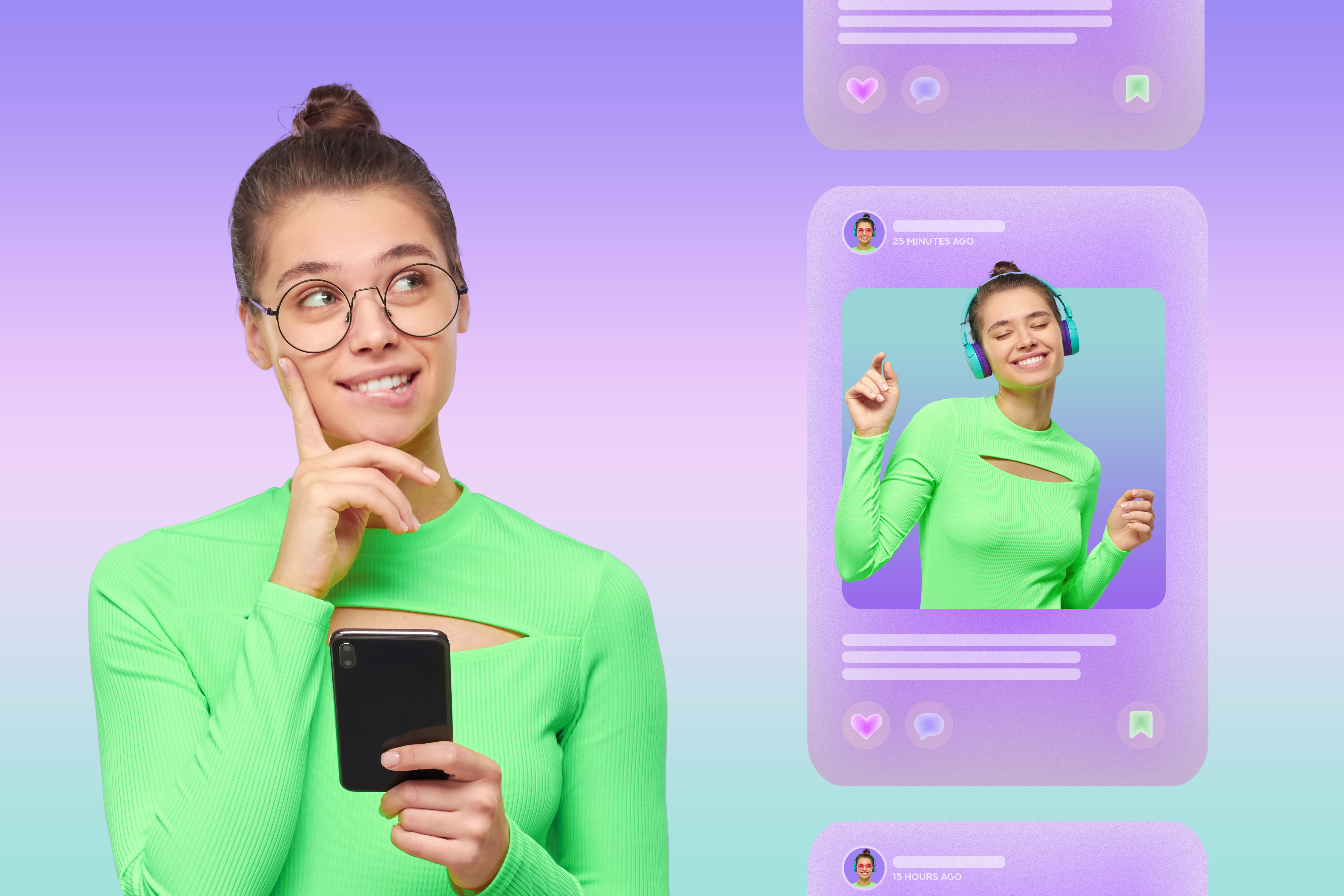 a pensive looking girl holds her phone while looking to the side. Next to her are shots of a social media post of her wearing headphones, dancing and looking happy