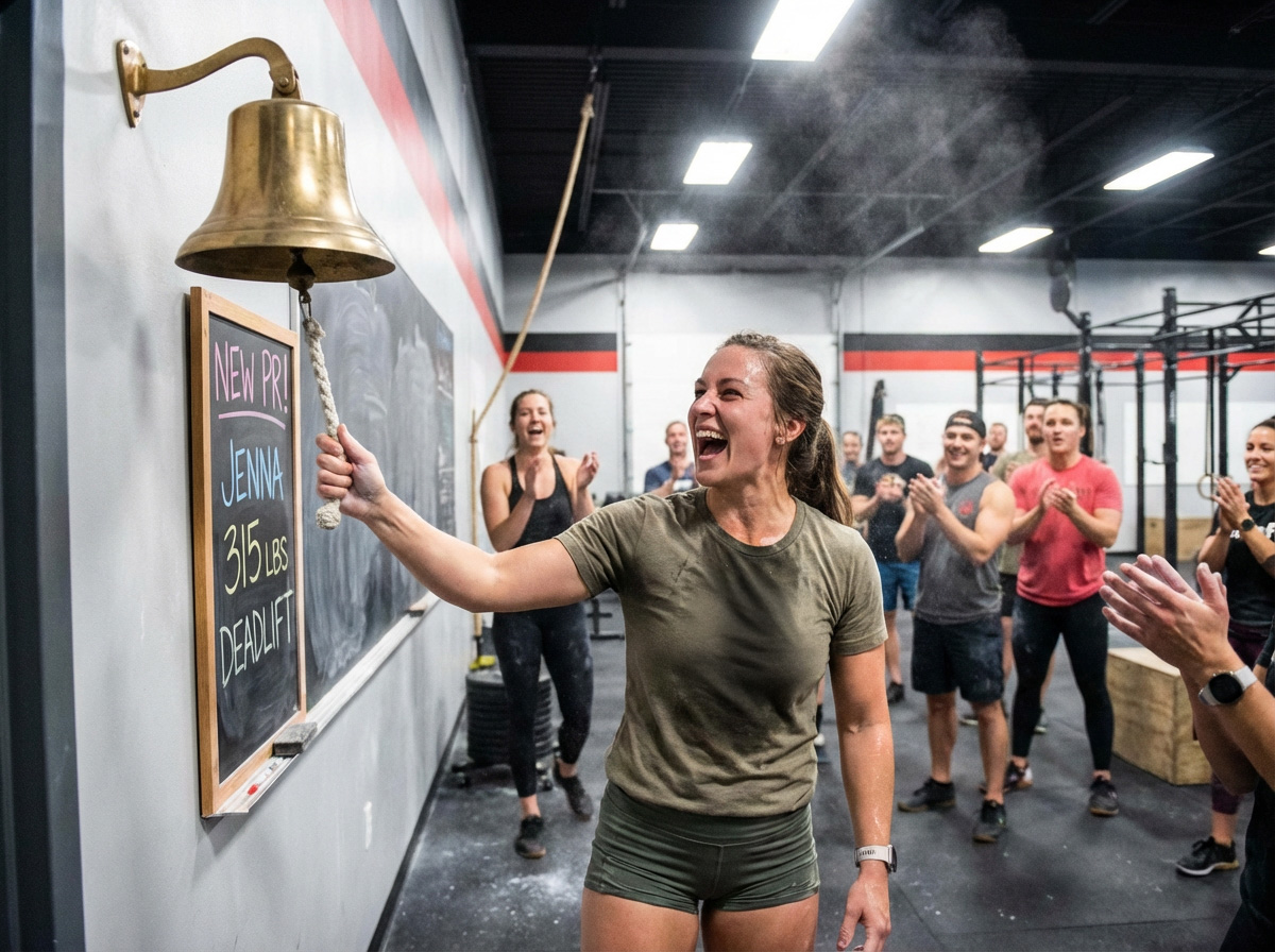 a woman in a sweaty t shirt rings a bell attached to a wall while a group of other gym goers applaud