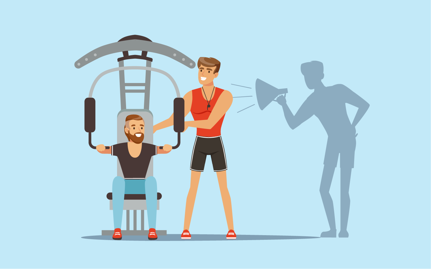 an illustration of a man using a chest press machine with a trainer stood next to him.  Next to the trainer is a shadow of  a man speaking into a loud speaker which is aimed at the trainer