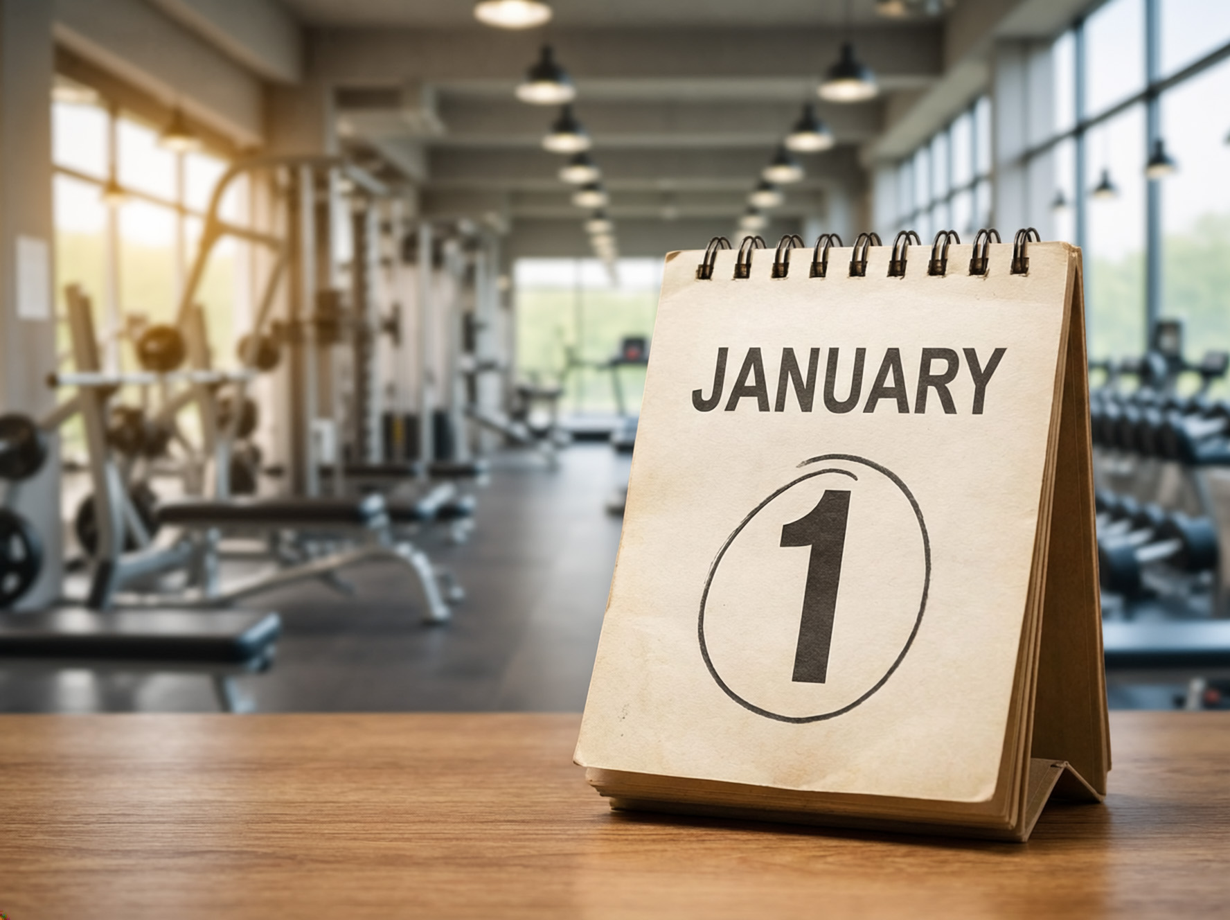 a desk calendar showing January 1  sits on a desk in front of an empty gym