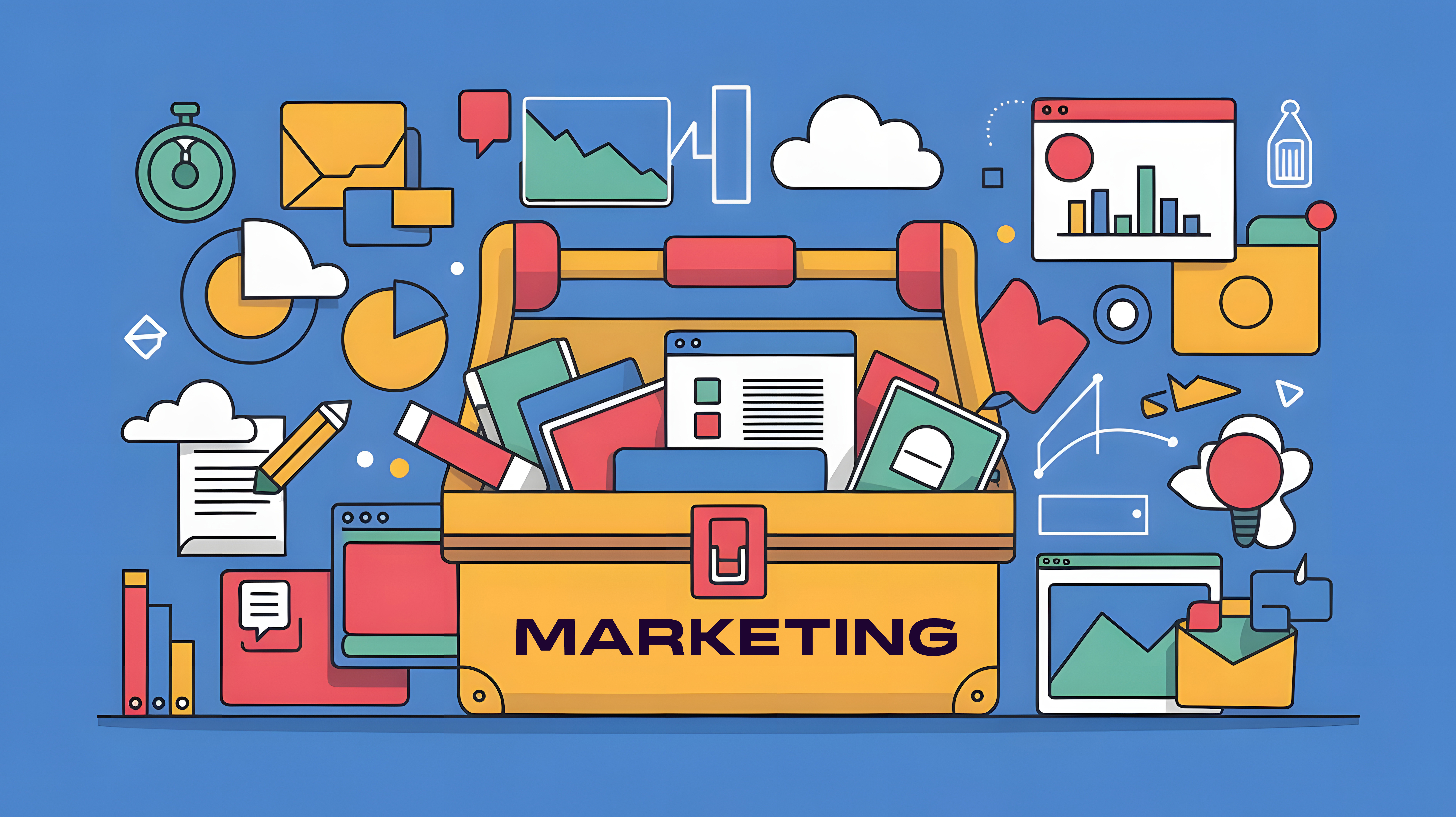a cartoon style image of a tool box which has the word marketing printed on the side and is surrounded by charts, stationery and other images