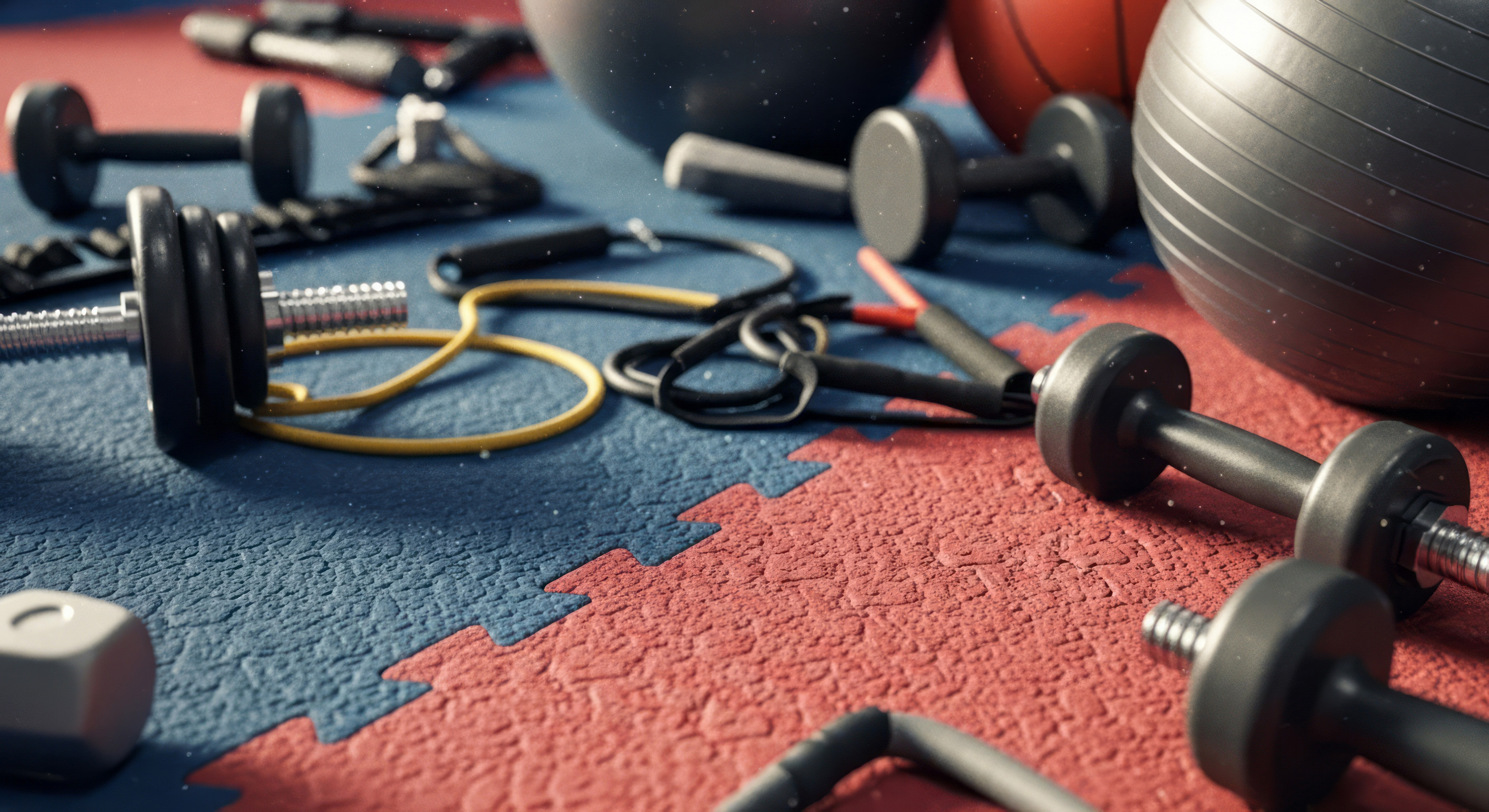 a close up of a selection of gym equipment including  bands, dumbbells and fitballs on red and blue gym matting