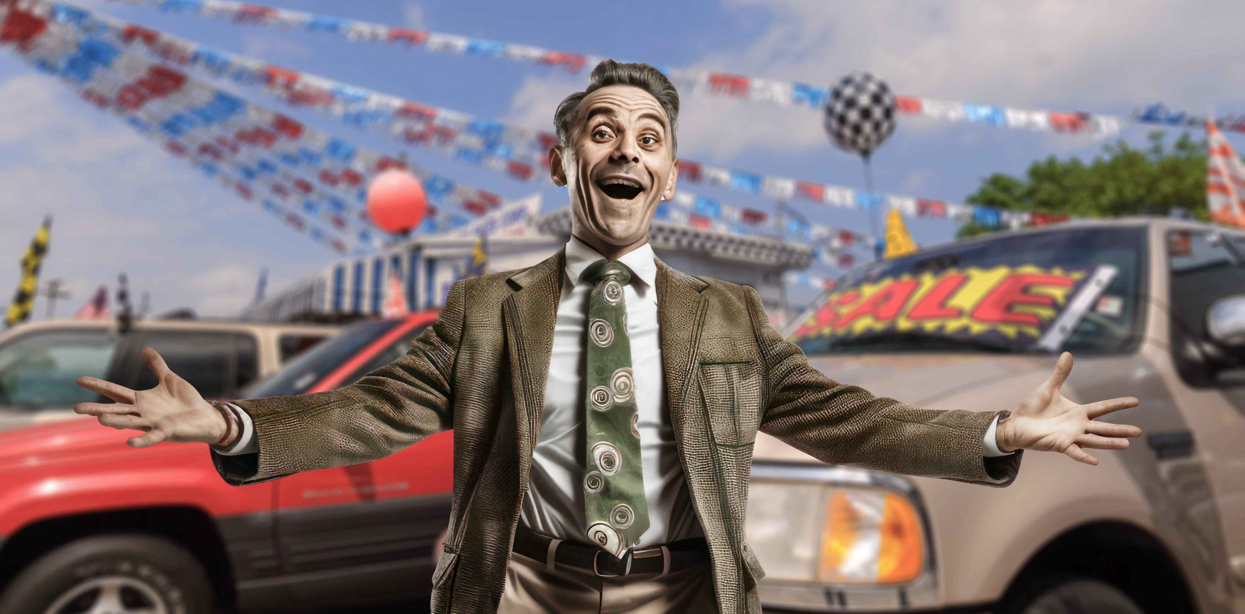 a smiling man stands with his arms open in front of a used car sales dealership