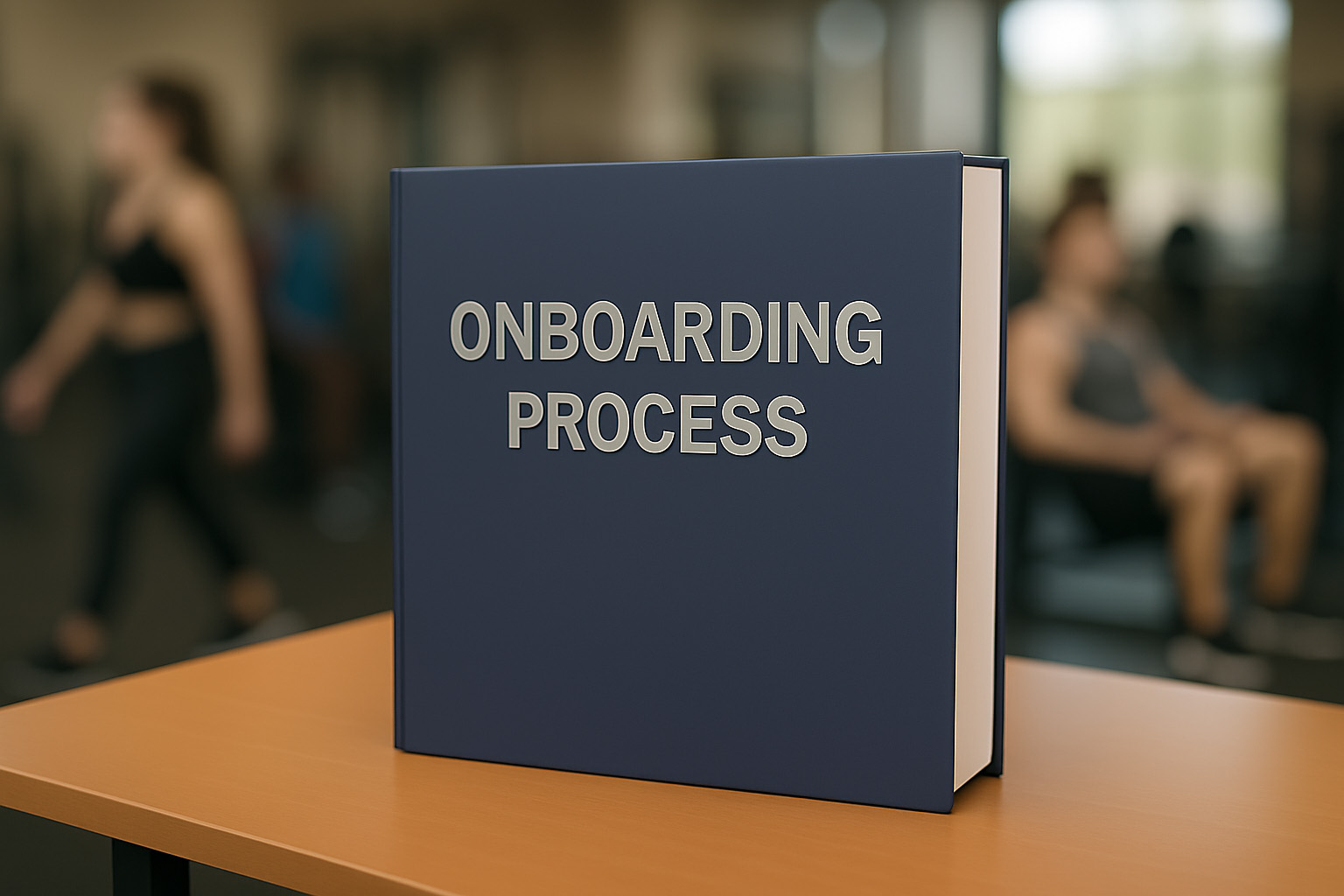 a book called onboarding process stands on it's end on a table in front of a blurred background of a gym