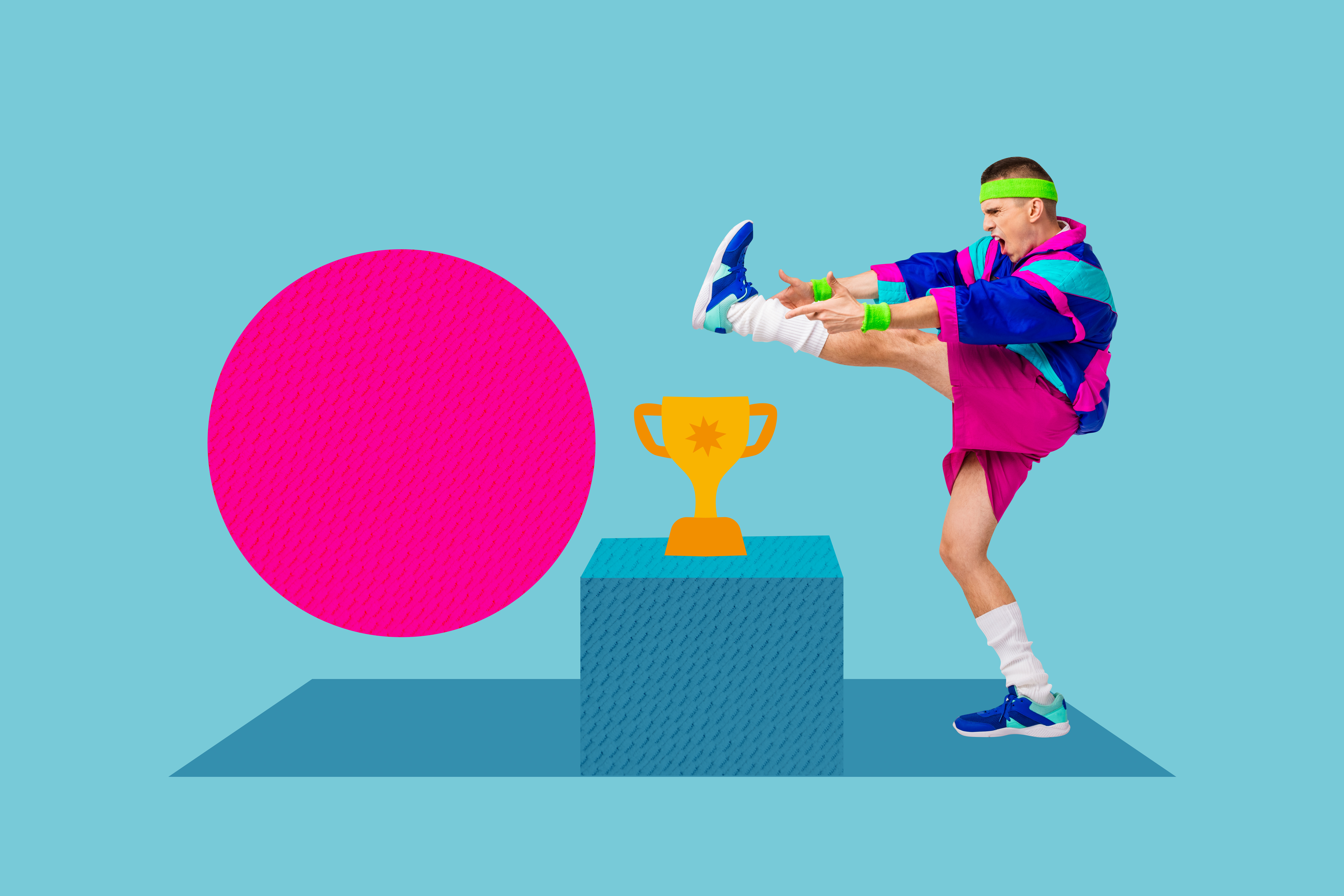 a man in neon sportswear, including a green headband and blue, turquise and pink shellsuit top, kicking his leg over a gold cartoon like trophy towards a large, bright pink ball