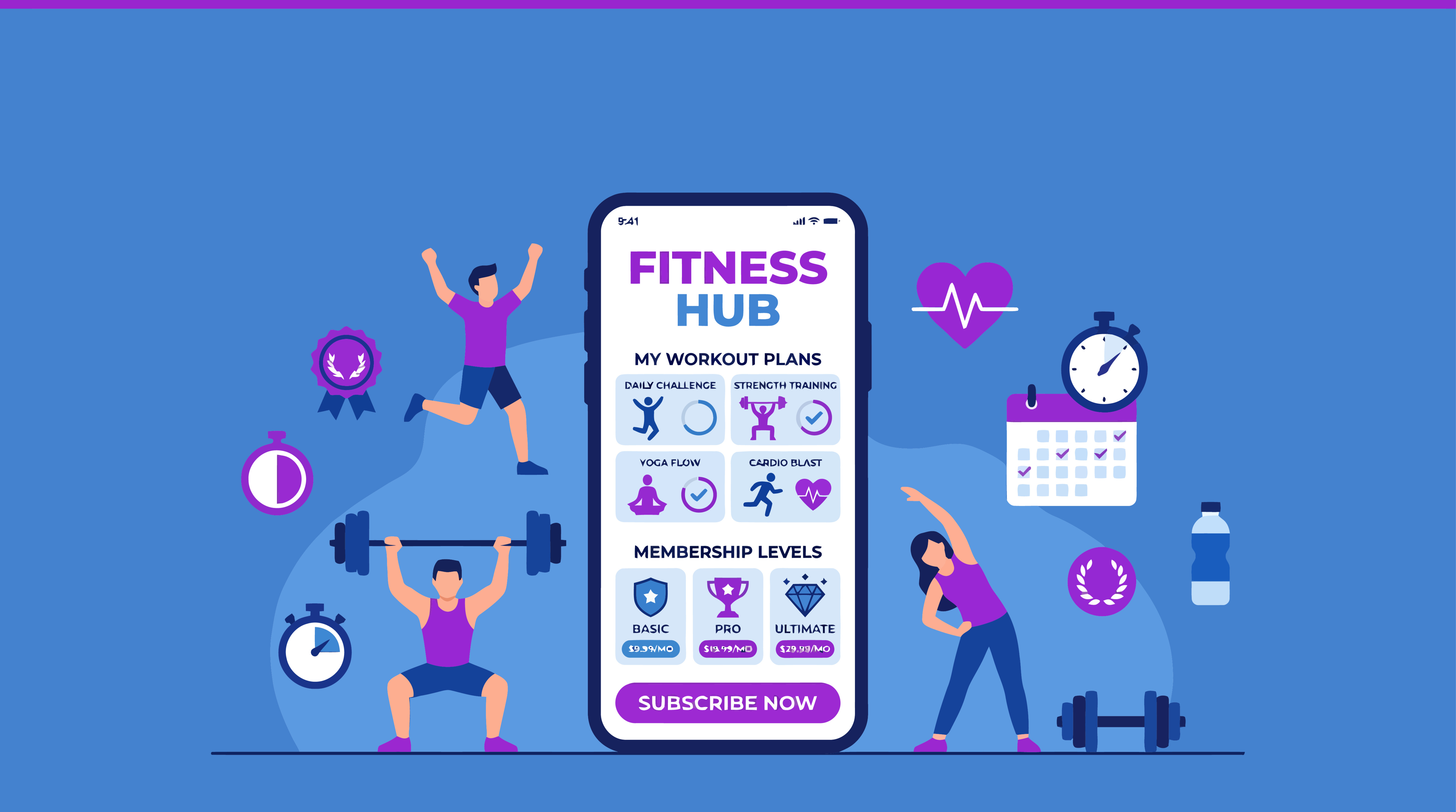 Fitness App on Phone Screen with People Exercising, Workout Plans and Health Icons