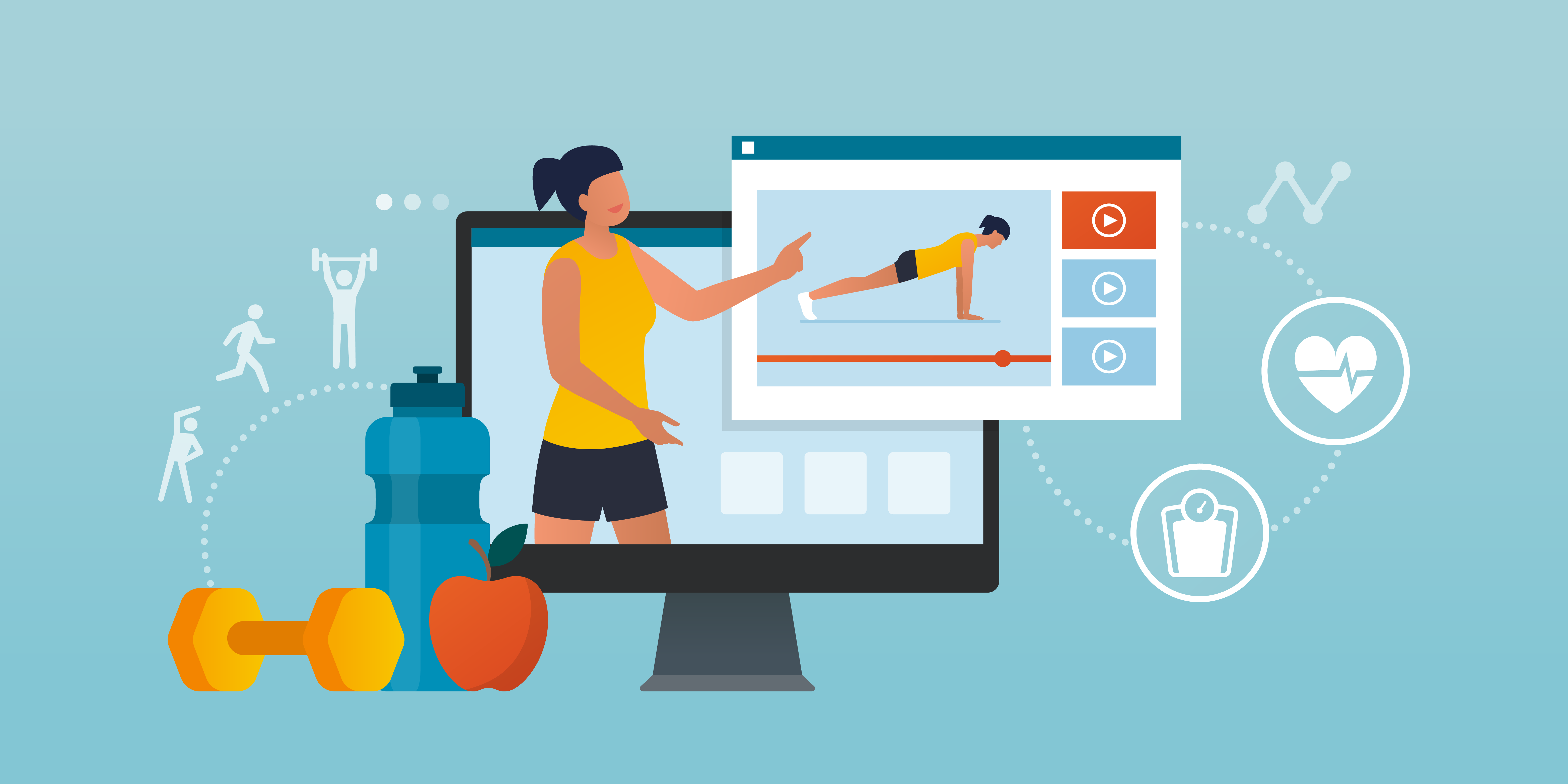 an illustration shows a woman within a computer screen pointing to another screen outside of the first which shows her doing a press up.  Surrounding the 2 screens are illustrations of a water bottle, dumbbell and apple along with common symbols from fitness apps and trackers.